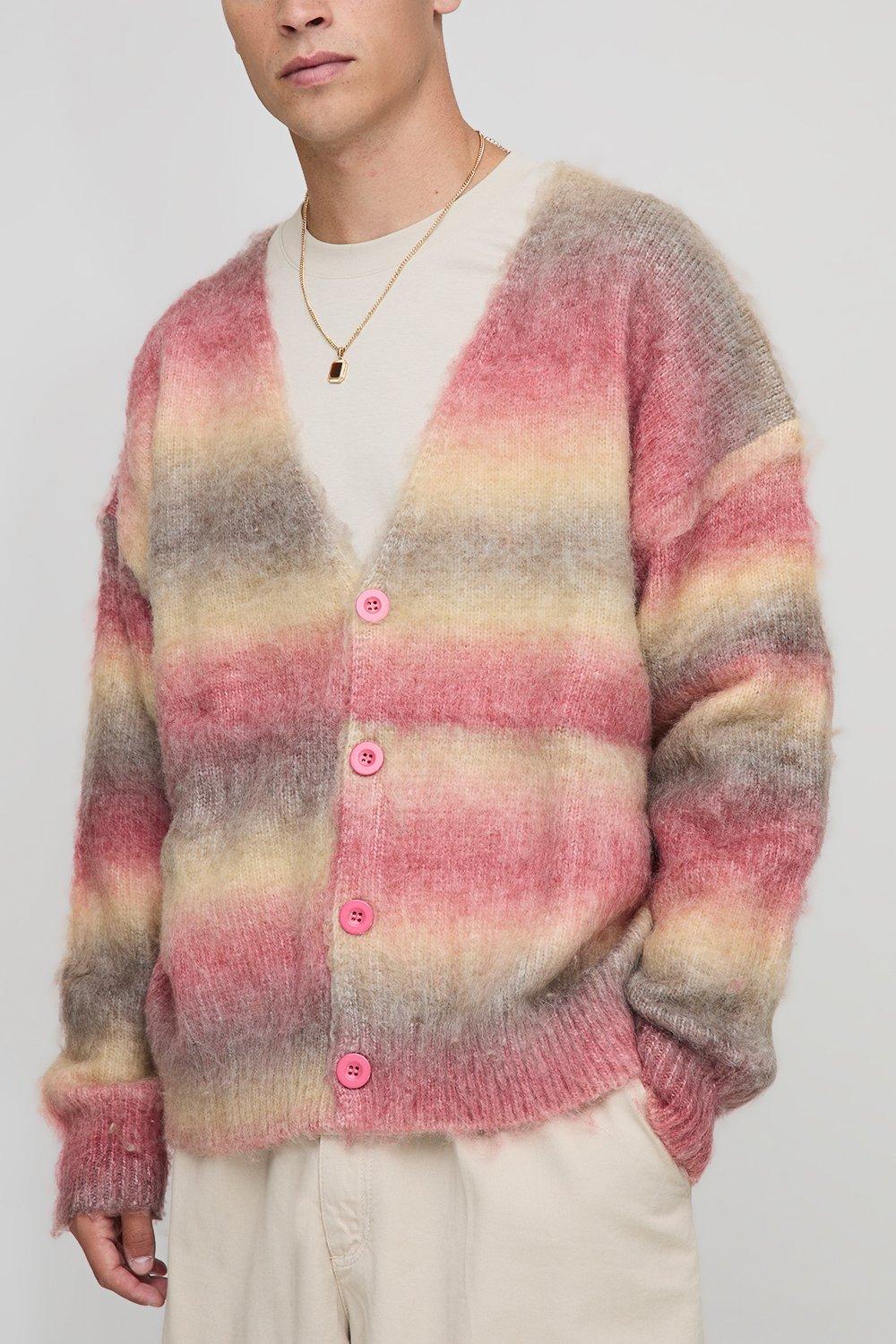 Mens Red Oversized Boxy Brushed Stripe Knitted Cardigan, Red