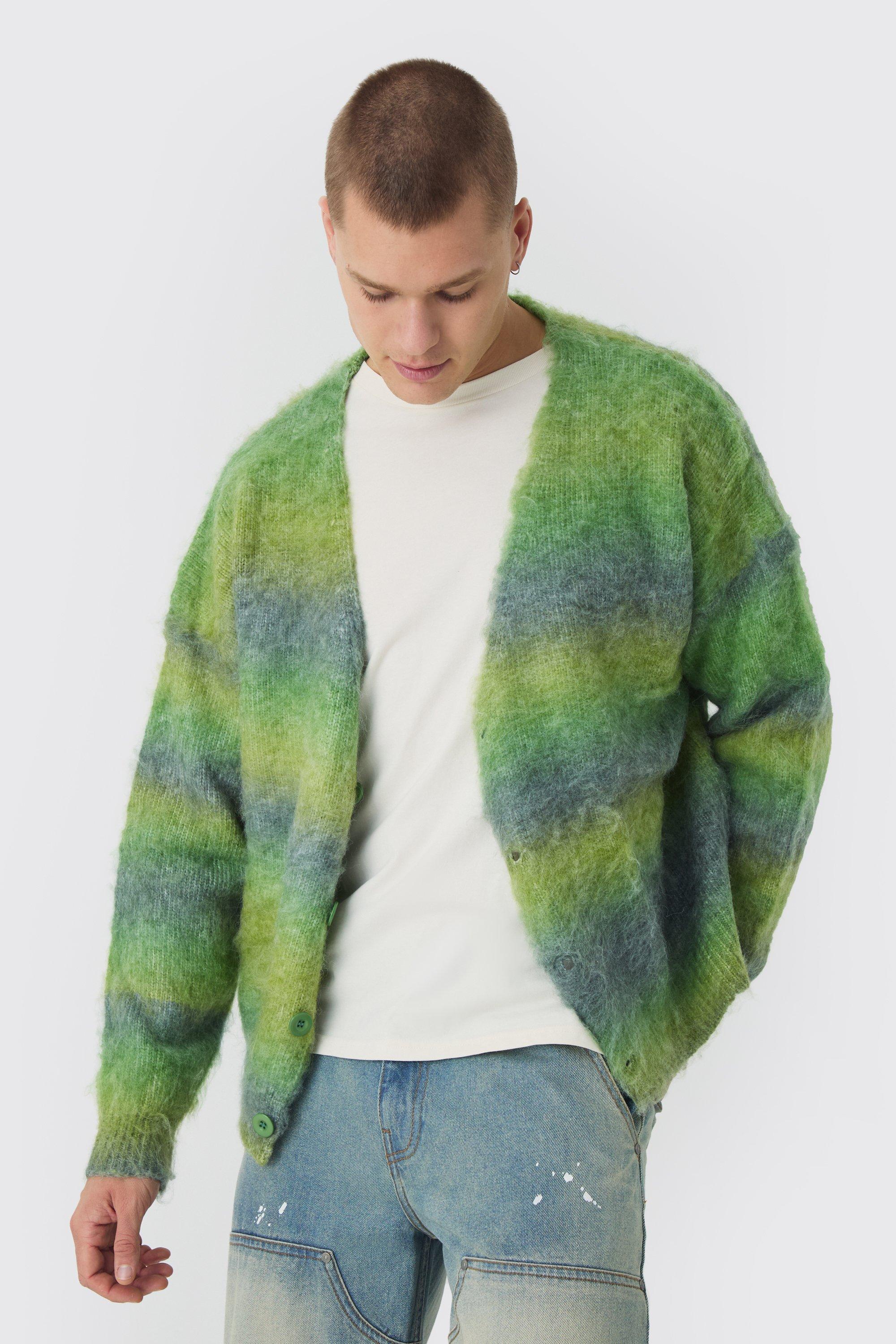 Cardigan squadrato oversize in maglia spazzolata a righe, Verde