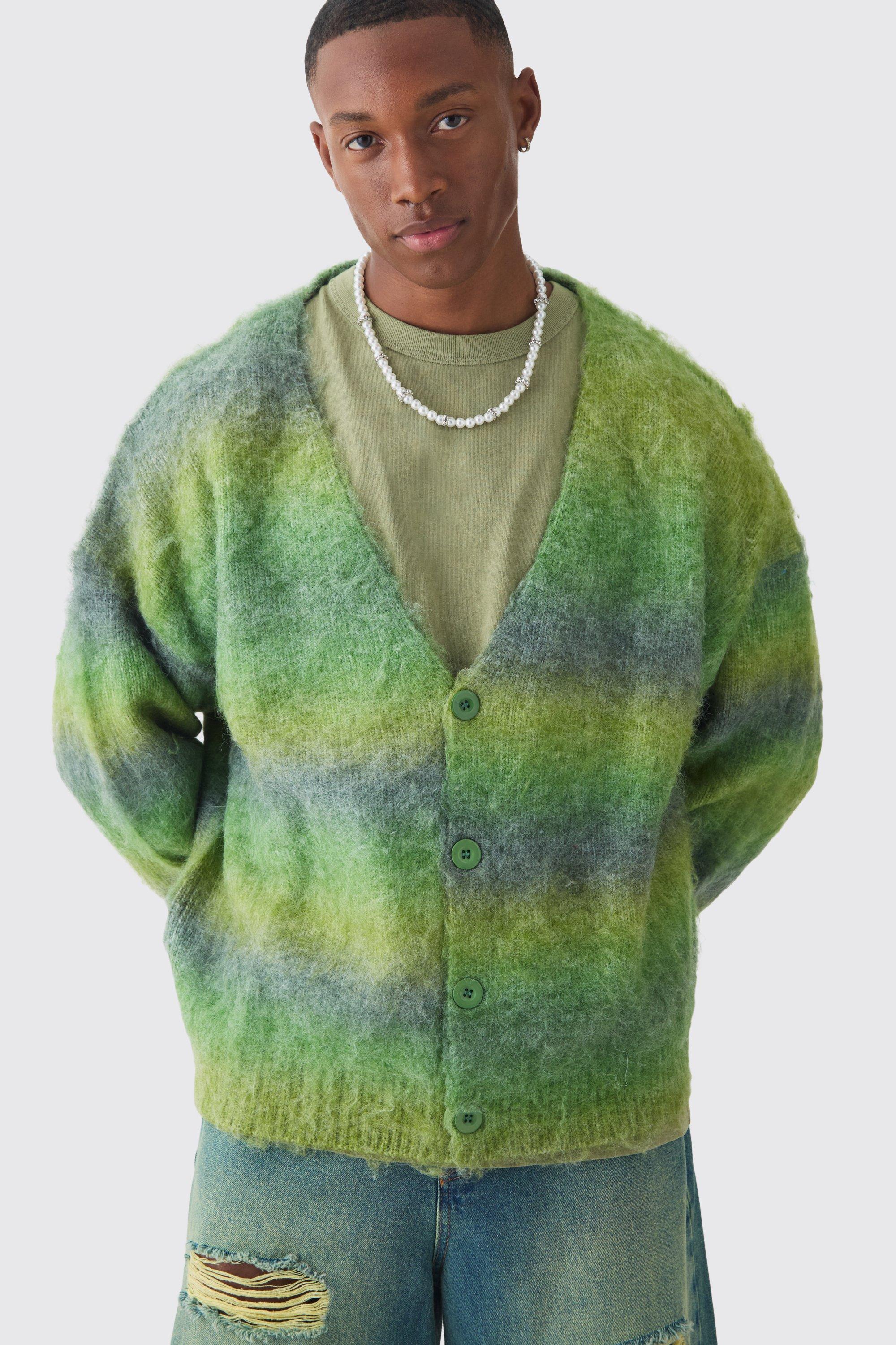 Mens Green Oversized Boxy Brushed Stripe Knitted Cardigan, Green