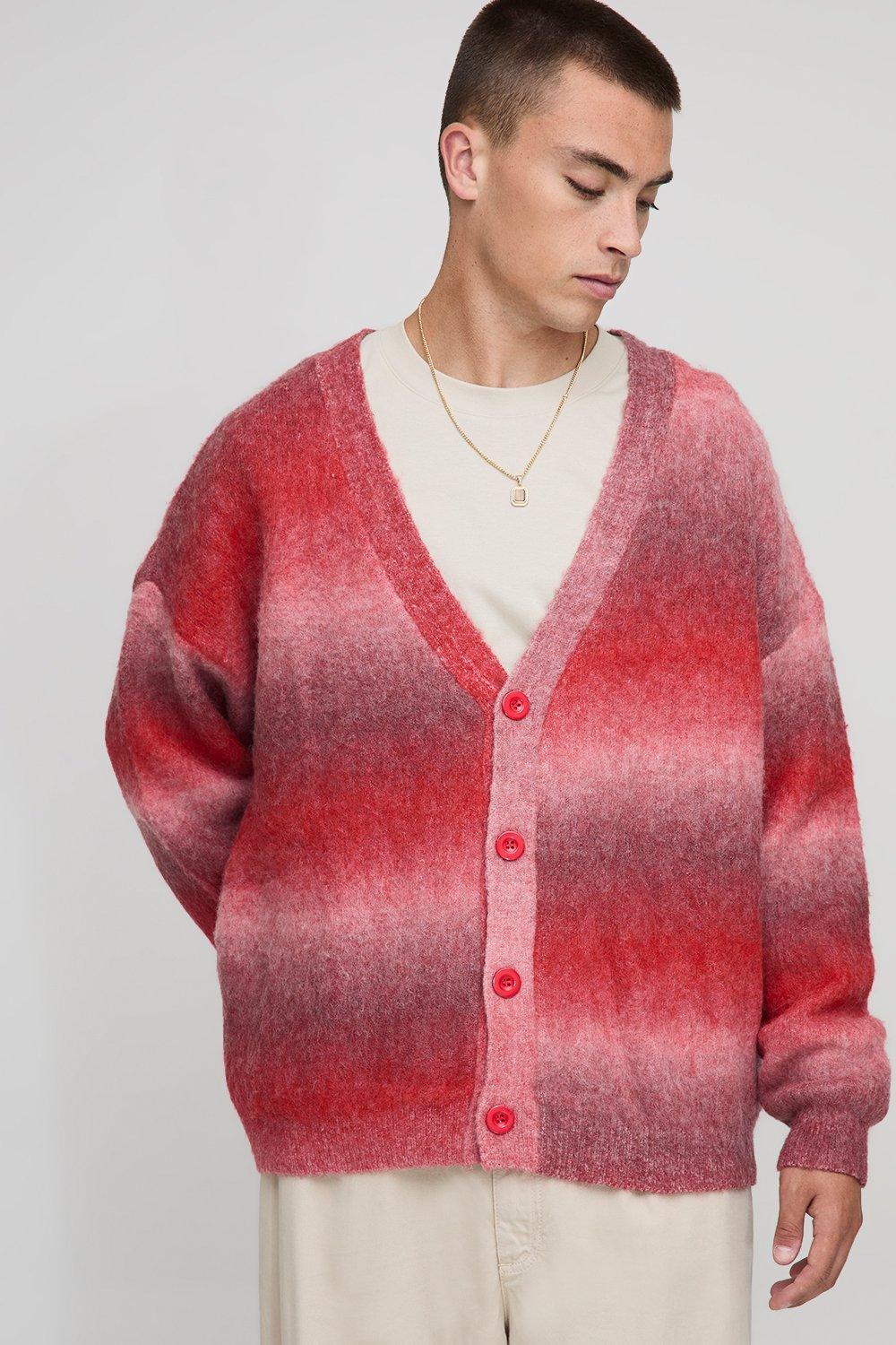 Mens Red Oversized Boxy Ombre Knitted Cardigan, Red