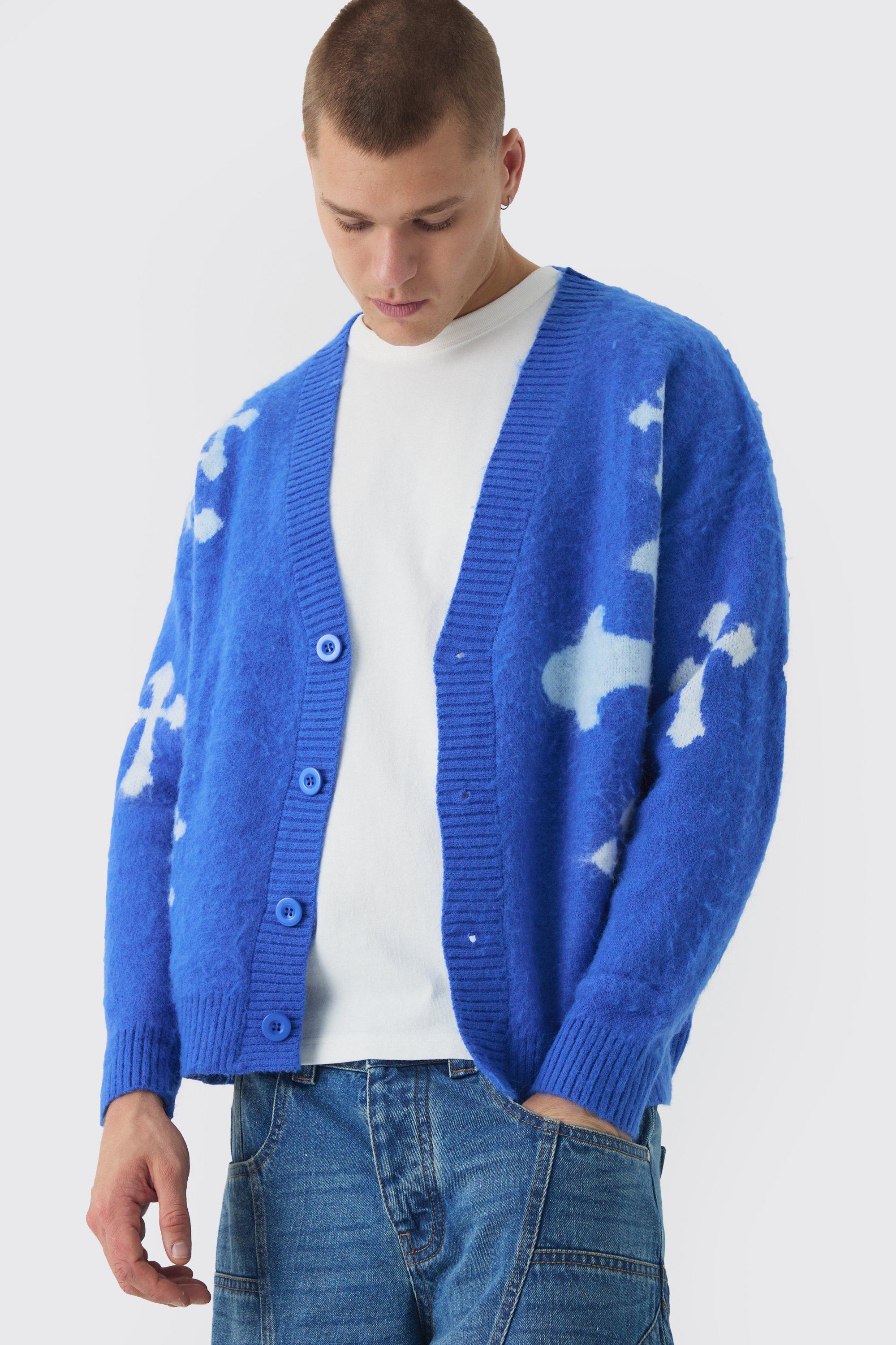 Cardigan squadrato oversize in maglia spazzolata a incrocio, Azzurro