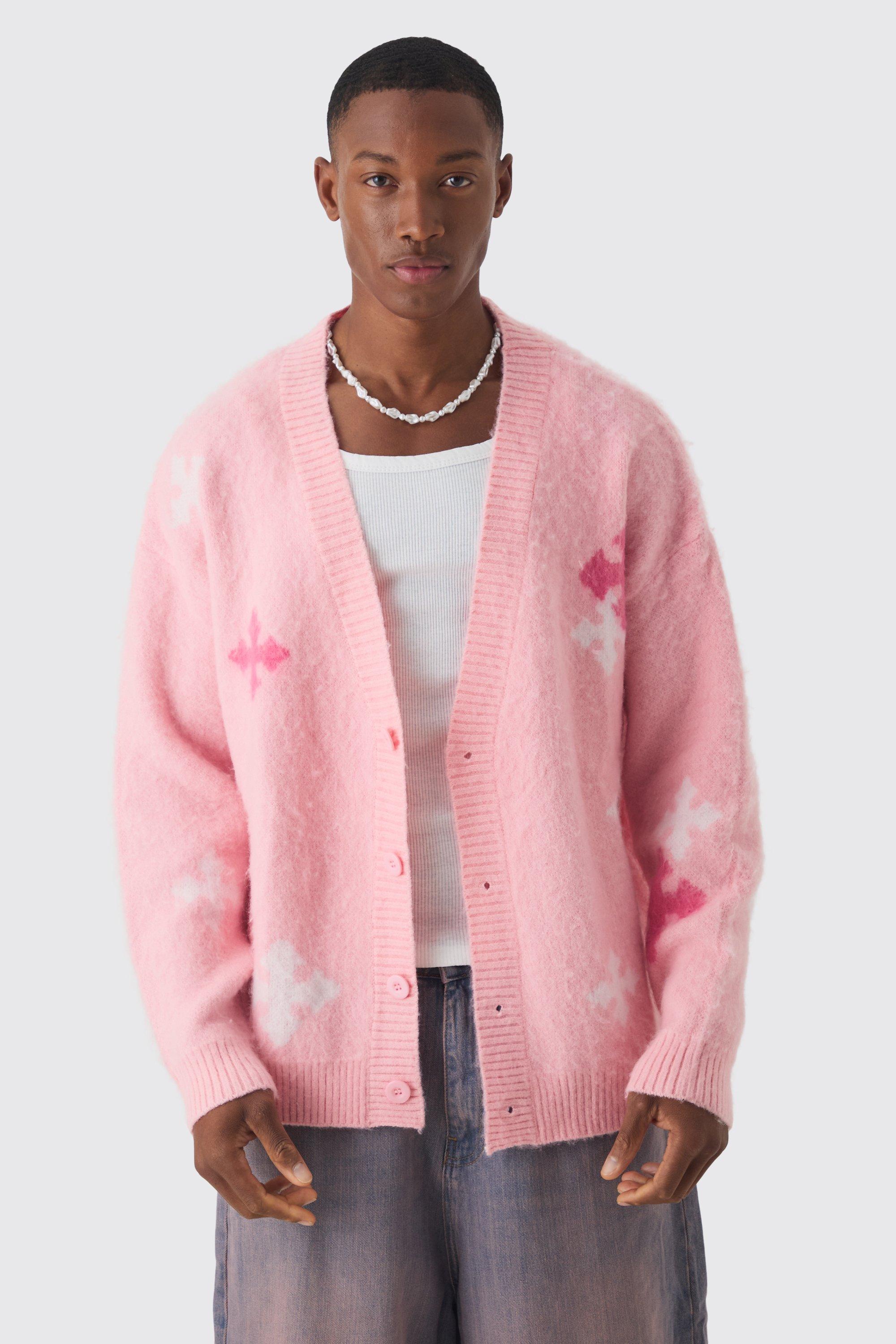 Mens Pink Oversized Boxy Cross Brushed Knitted Cardigan, Pink