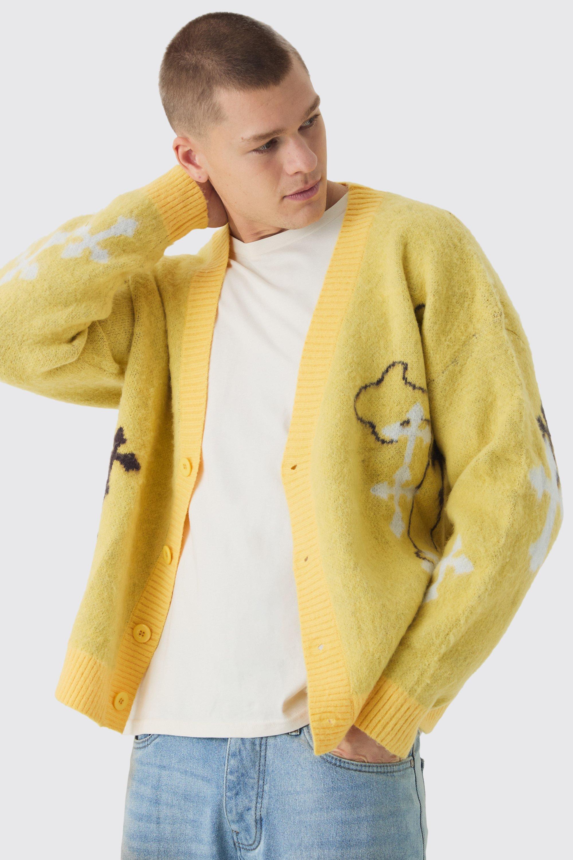 Mens Yellow Oversized Boxy Cross Brushed Knitted Cardigan, Yellow