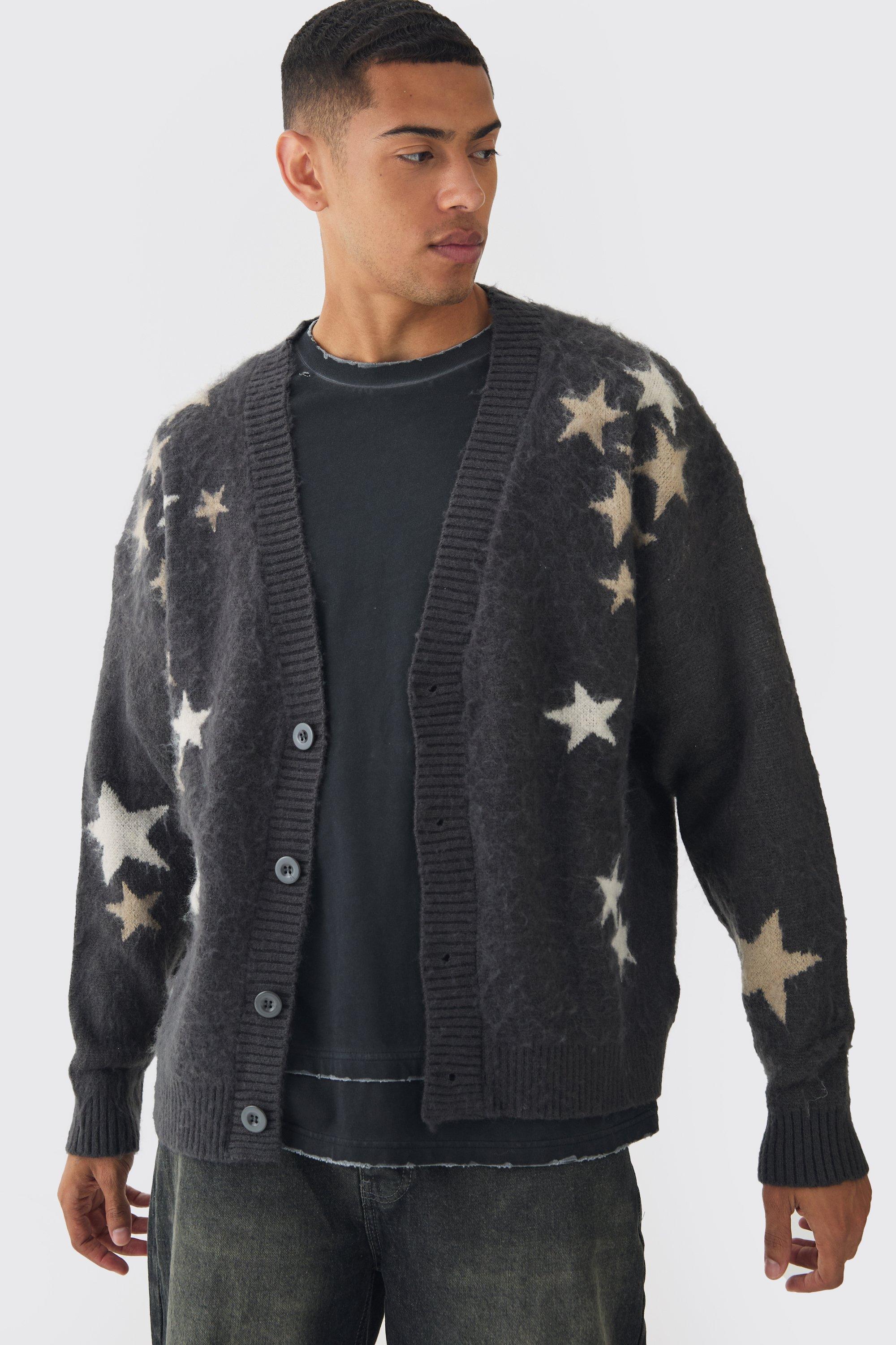 Cardigan squadrato oversize in maglia spazzolata a stelle, Grigio