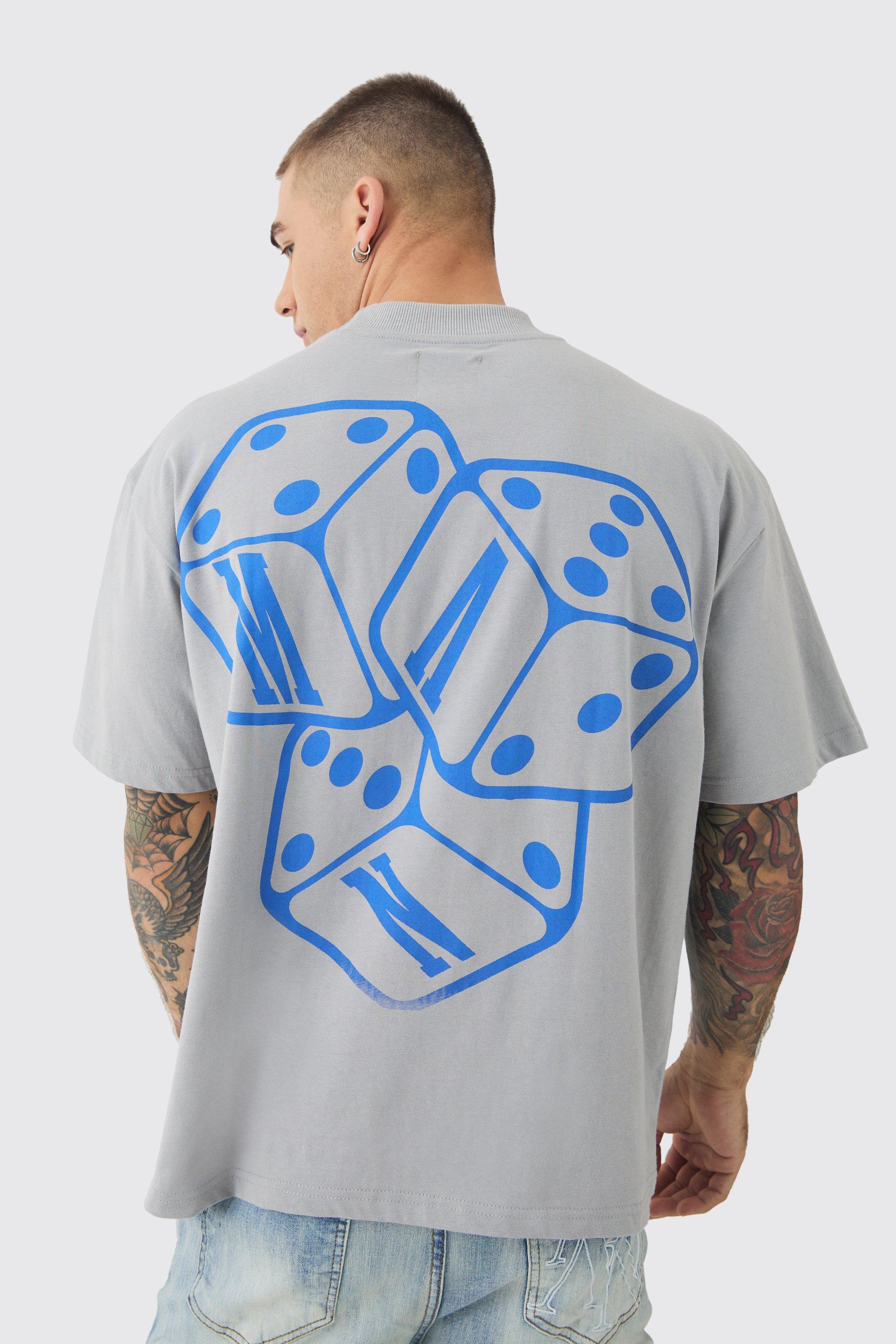 Mens Grey Oversized Boxy Dice Graphic T-shirt, Grey