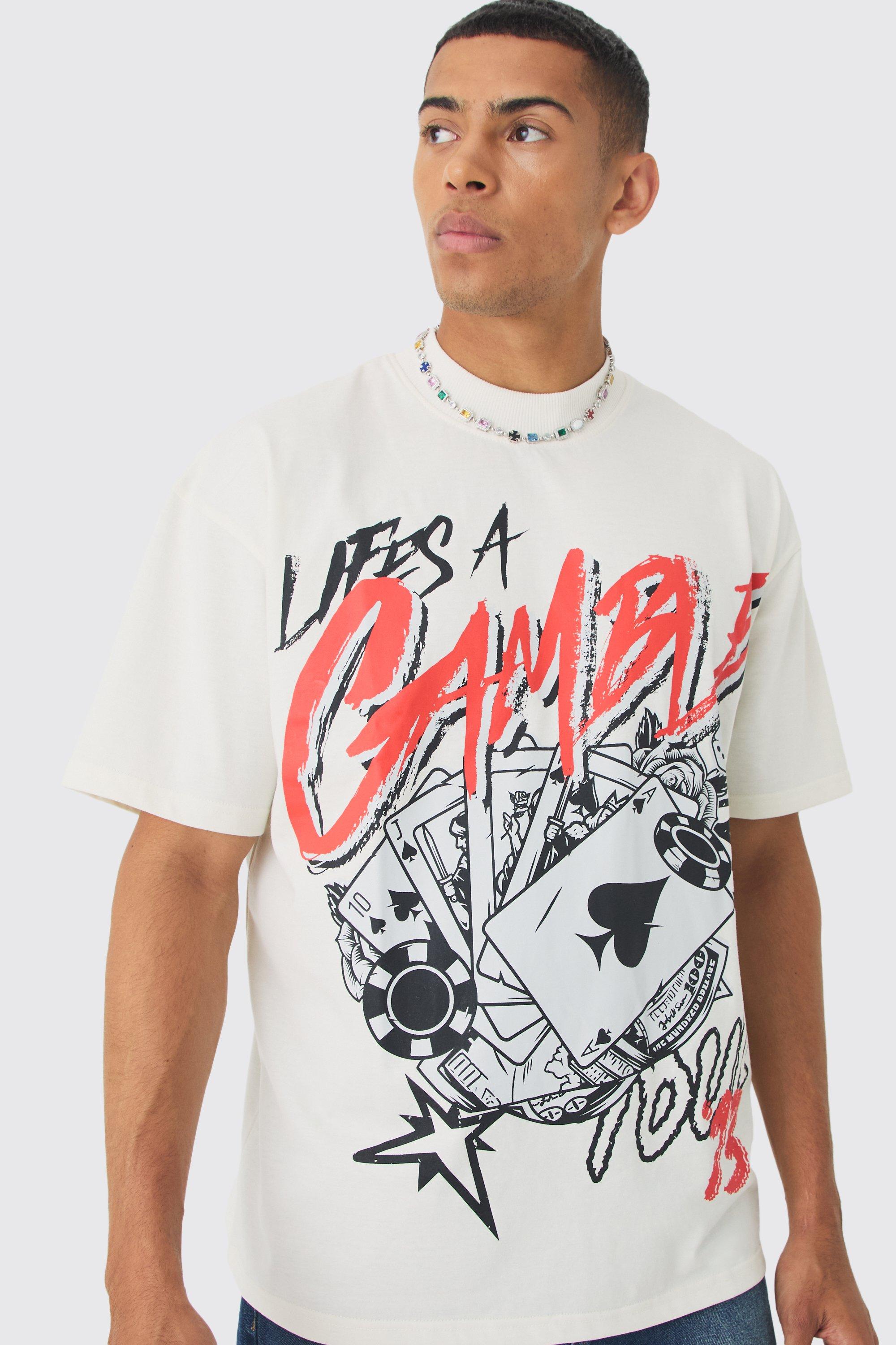 Mens Cream Oversized Casino Graphic T-shirt, Cream