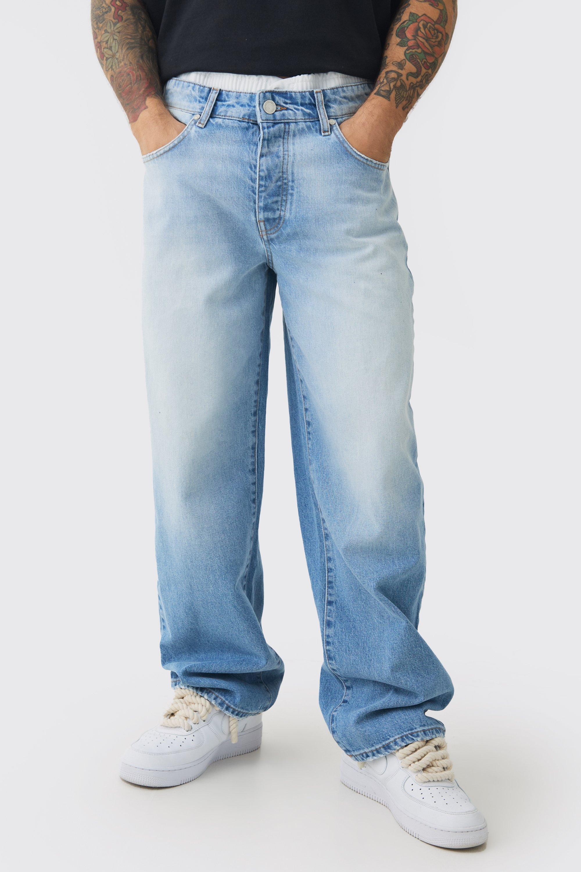 Jeans extra comodi in denim rigido azzurro con doppia fascia in vita, Azzurro