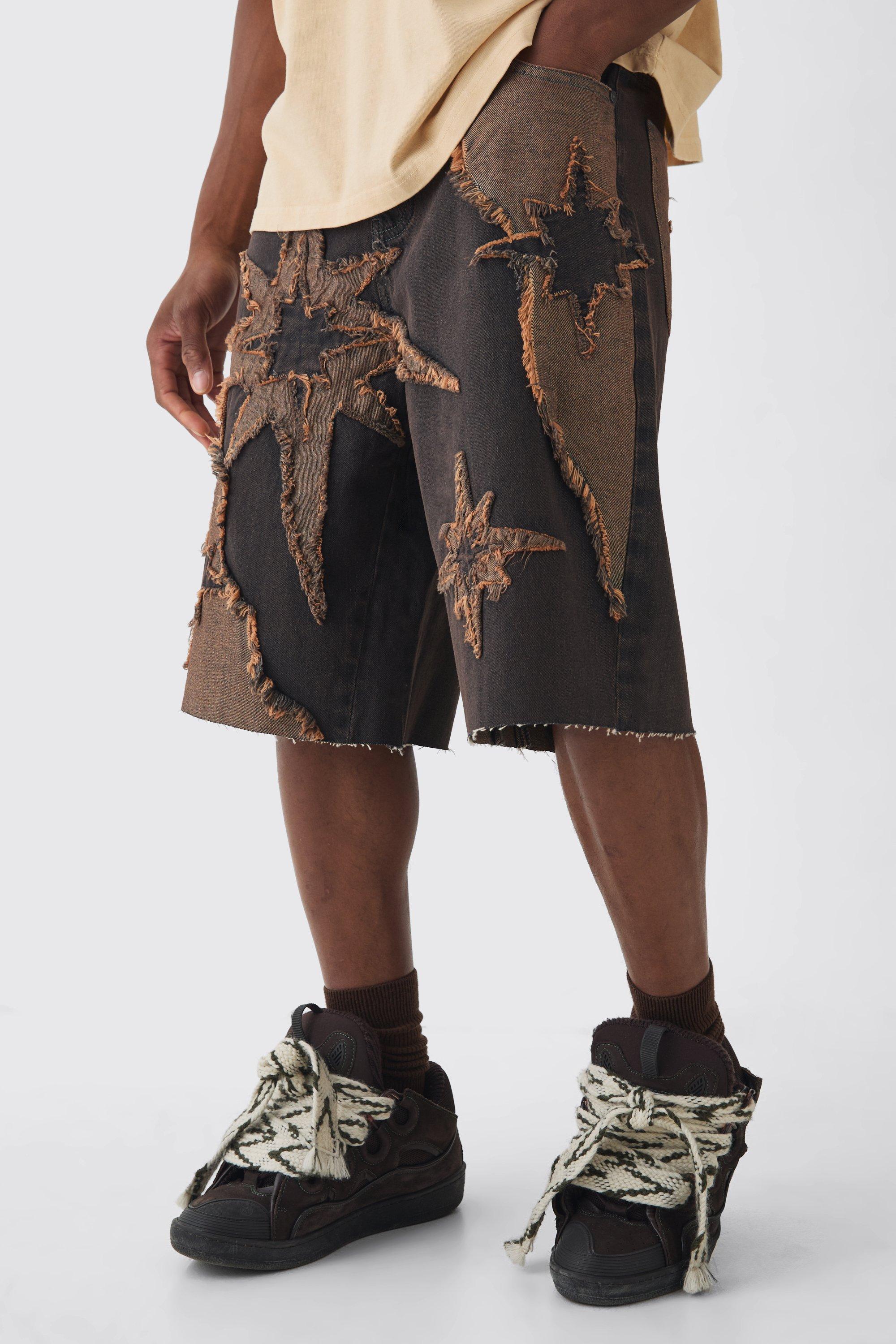 Mens Regular Rigid Star Applique Denim Jorts In Brown, Brown