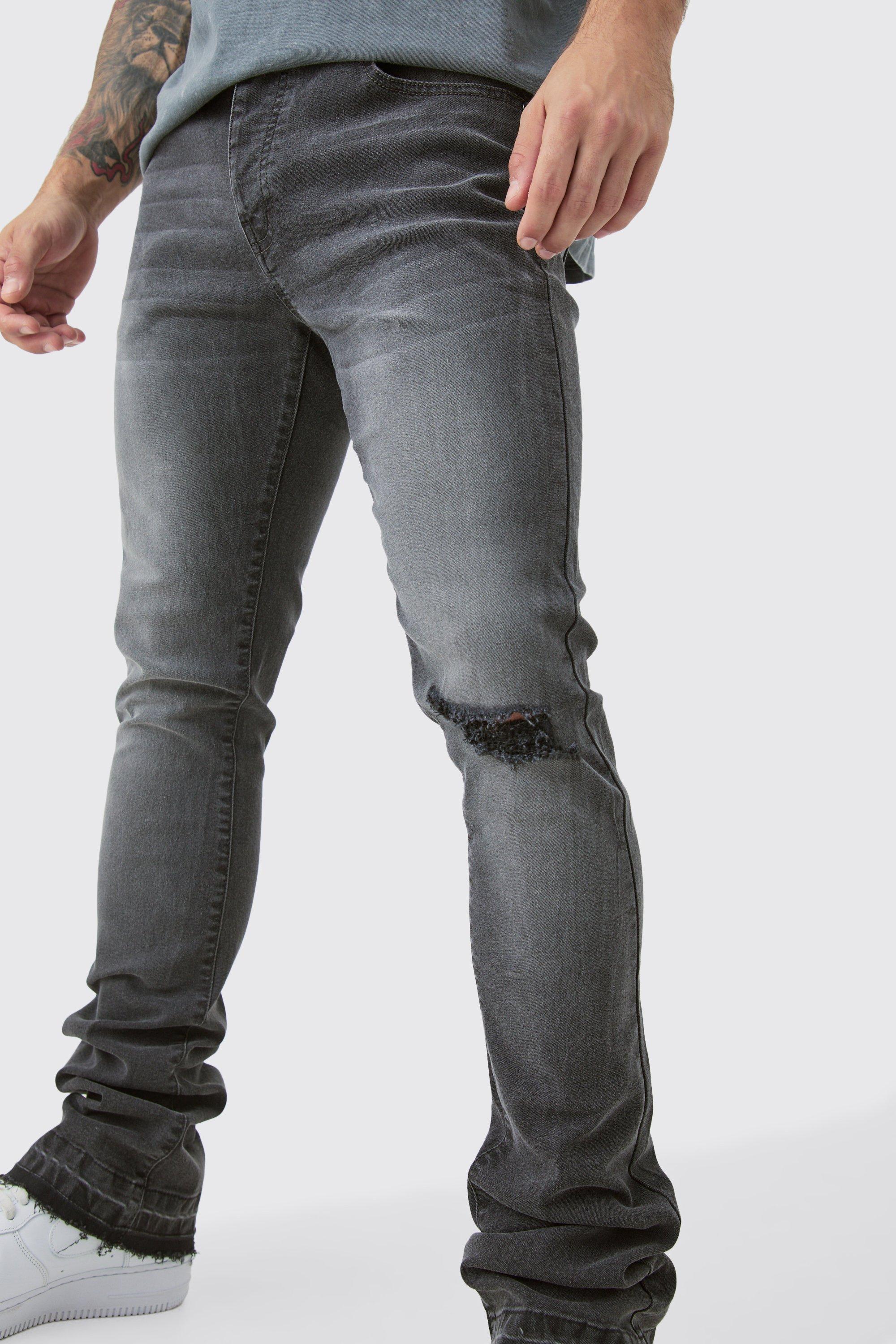 Jeans a zampa Skinny Fit con pieghe sul fondo e strappi sul ginocchio, Grigio