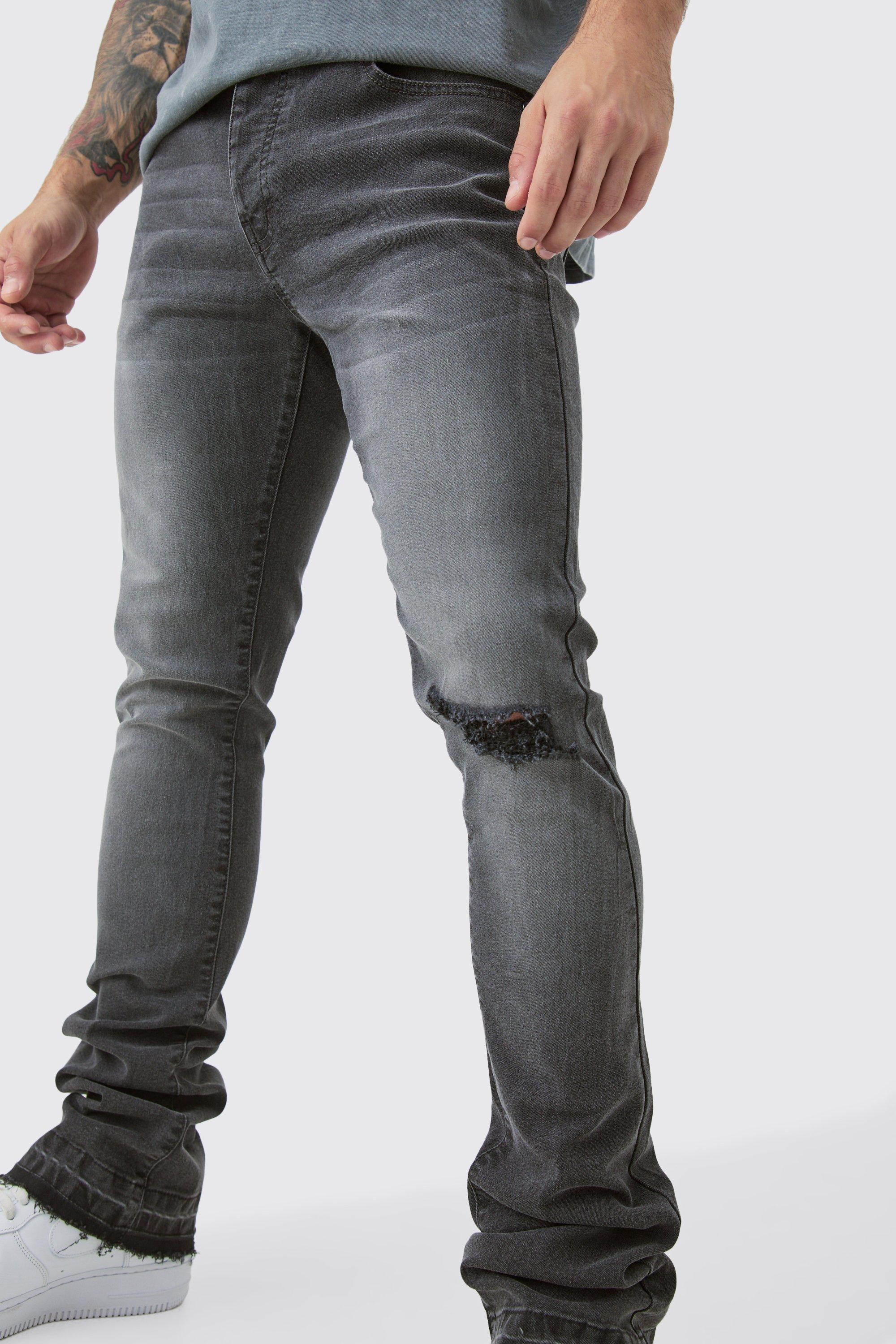 Mens Grey Skinny Stacked Flared Jeans With Knee Rip, Grey
