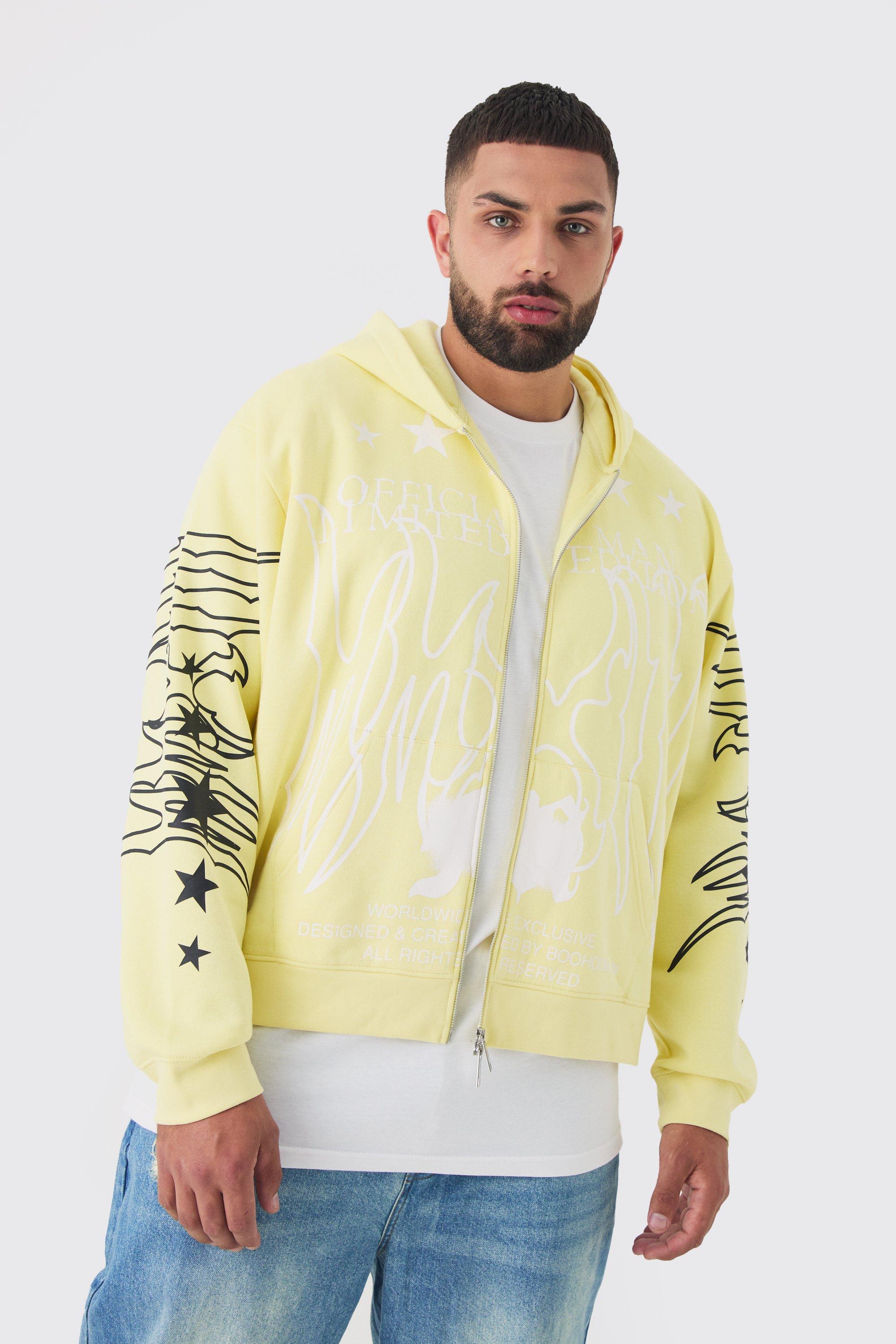 Mens Yellow Plus Oversized Official Man Print Hoodie, Yellow