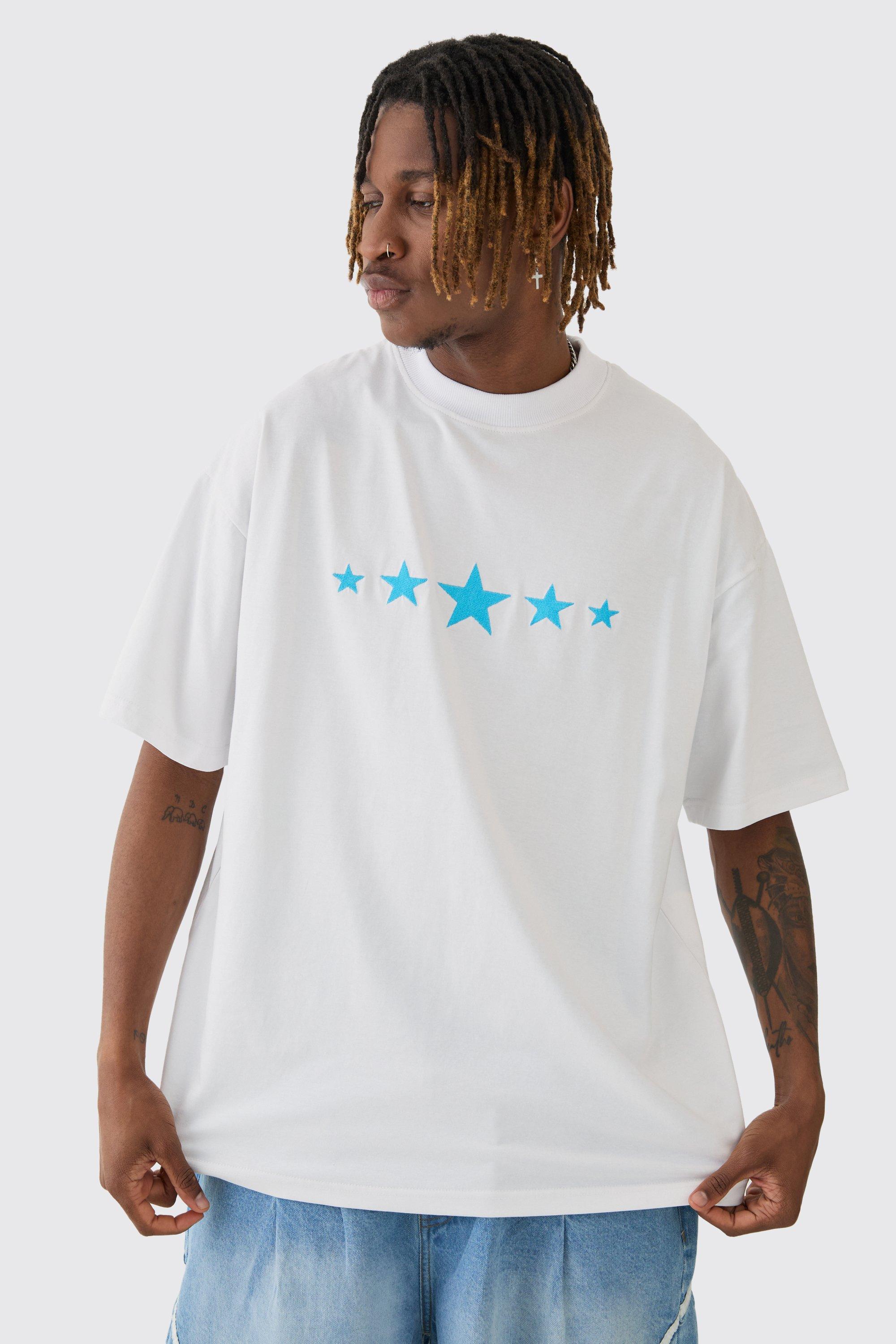 Mens White Tall Oversized Extended Neck Star Print T-shirt, White