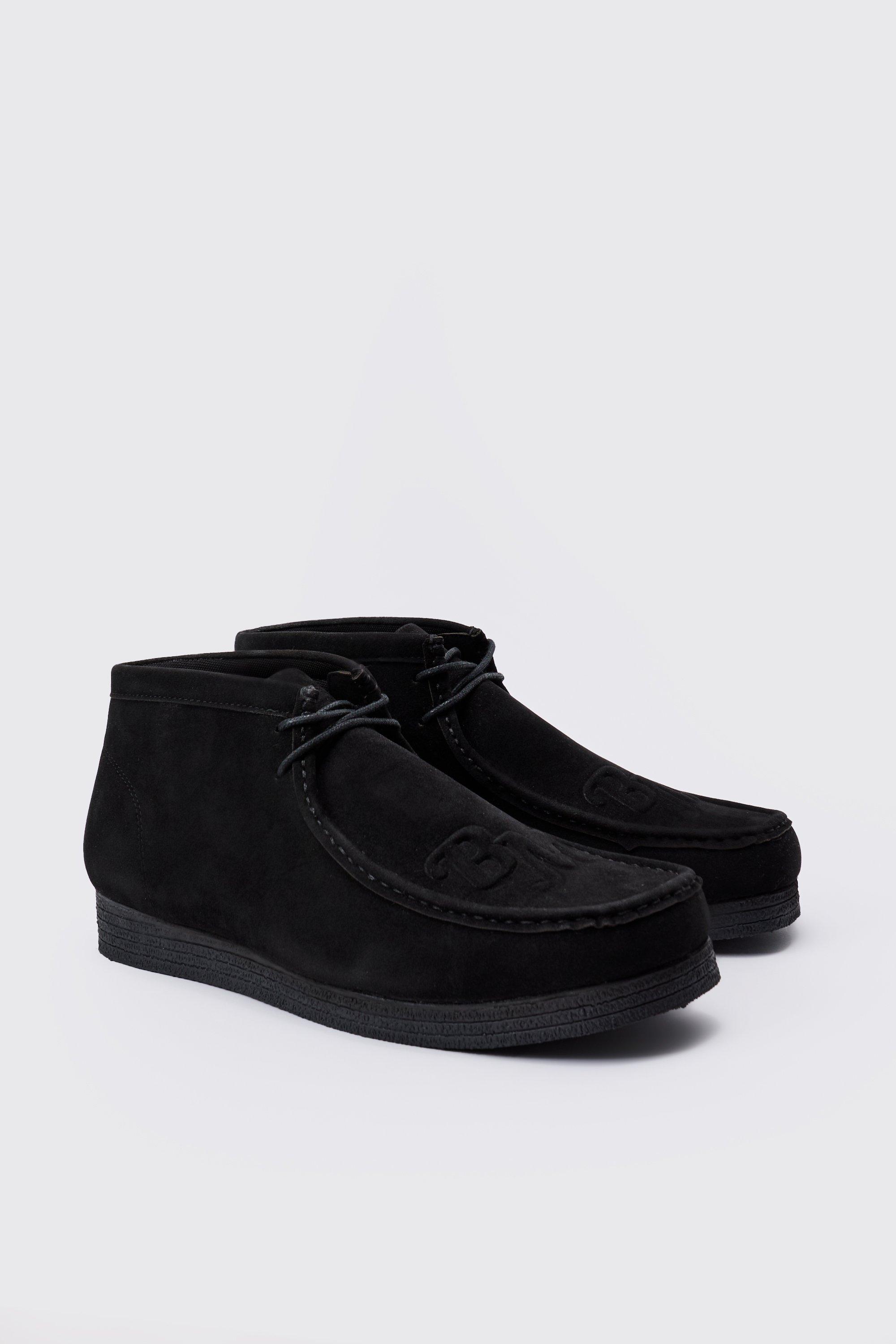 Mens Faux Suede Apron Front Embossed Branding Shoes In Black, Black