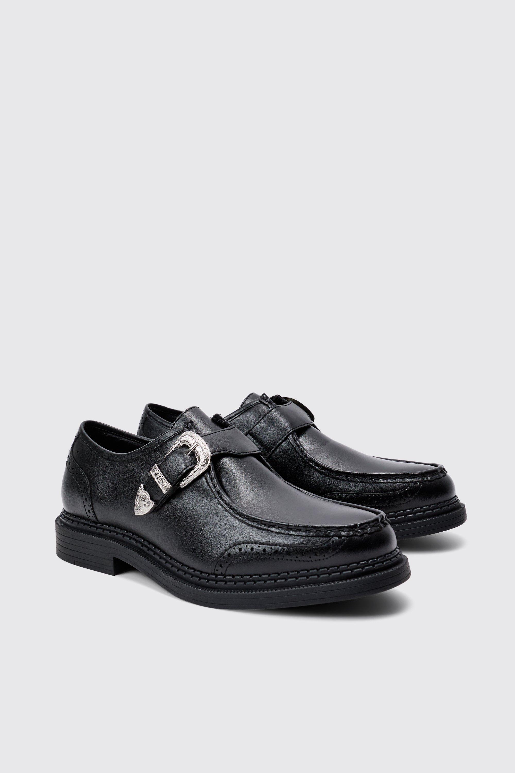 Mens Faux Leather Derby Shoes With Western Buckle In Black, Black