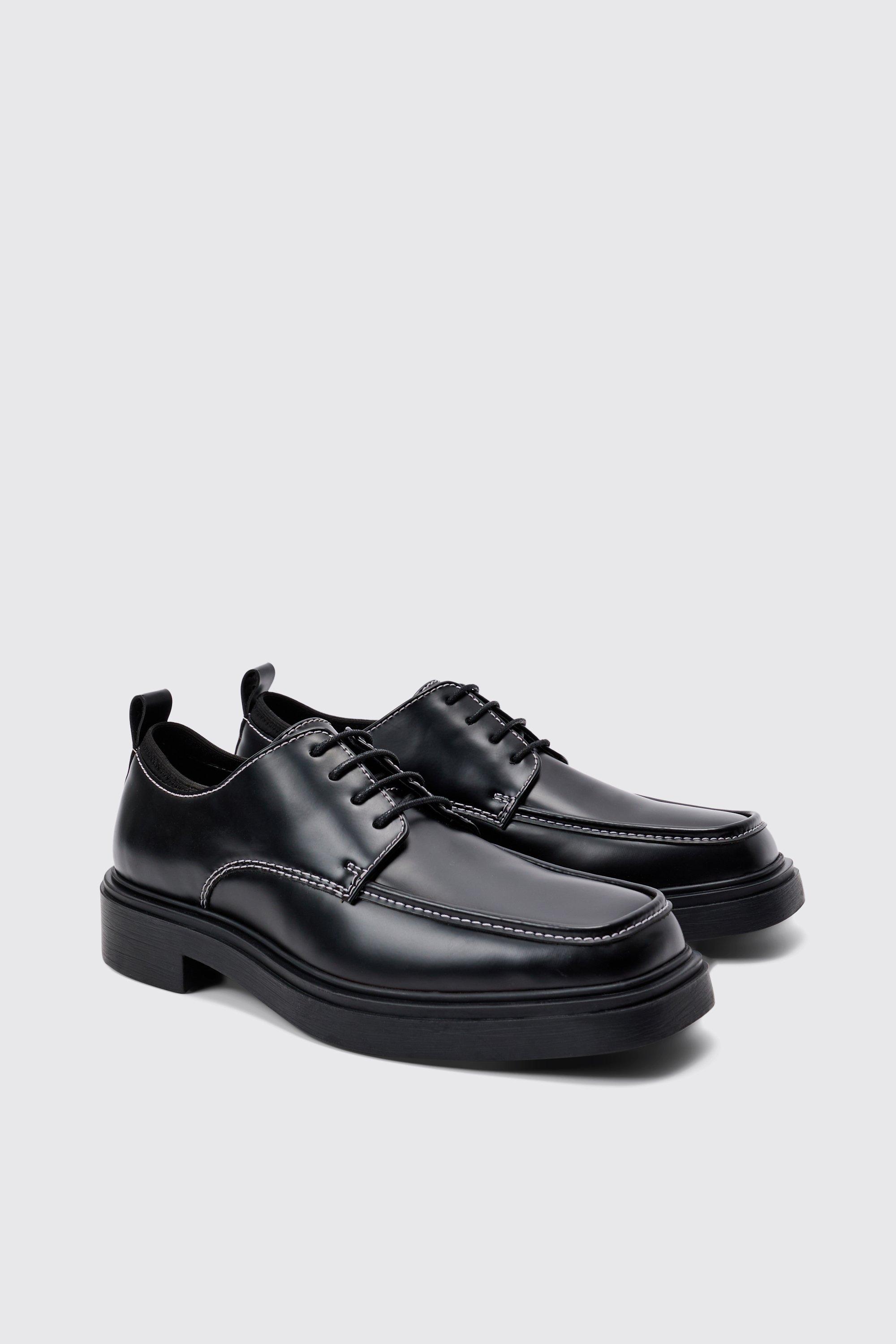 Mens Faux Leather Contrast Stitch Derby Shoes In Black, Black