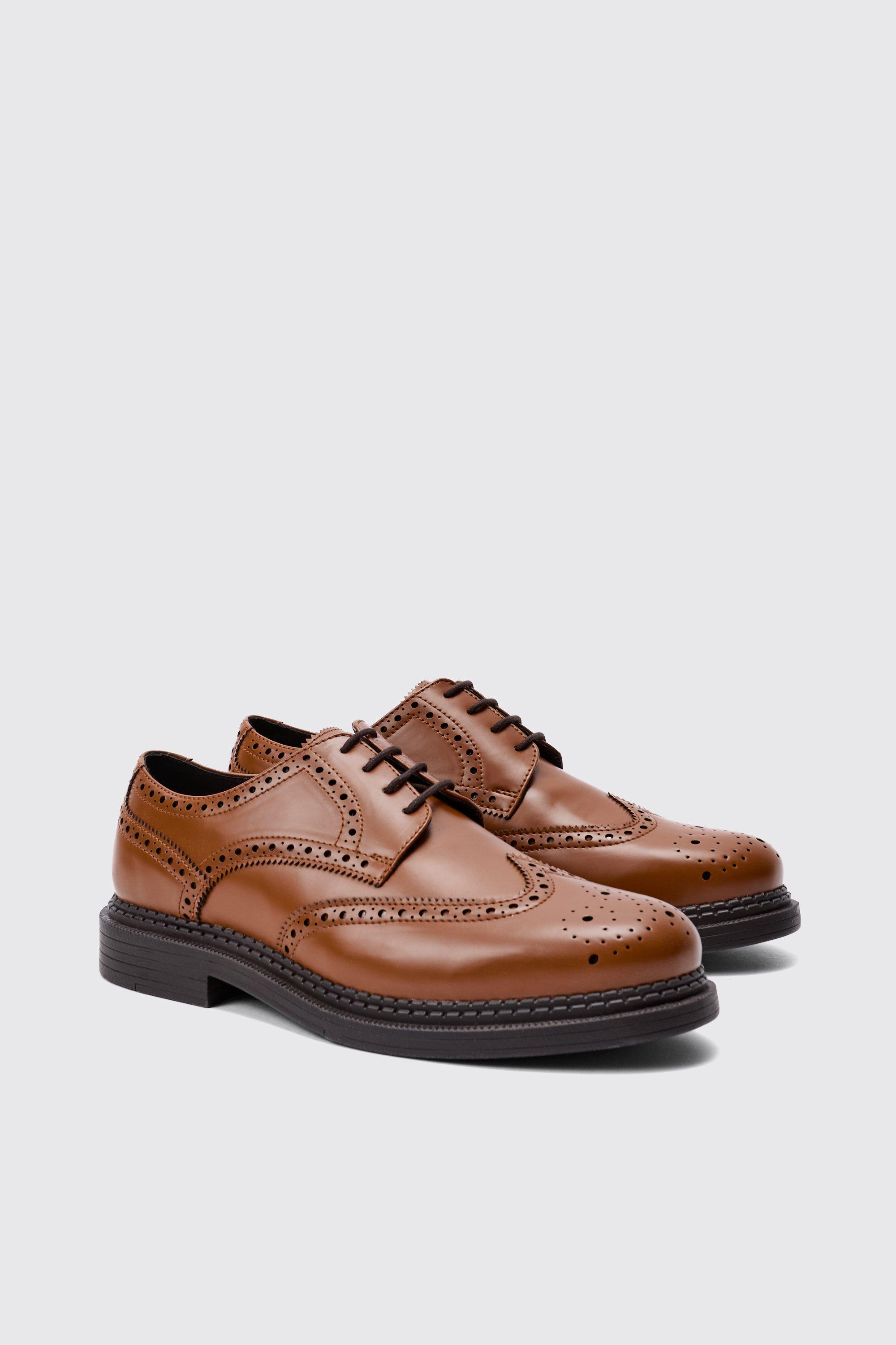 Mens Brown Patent Pu Lace Up Brogues In Tan, Brown