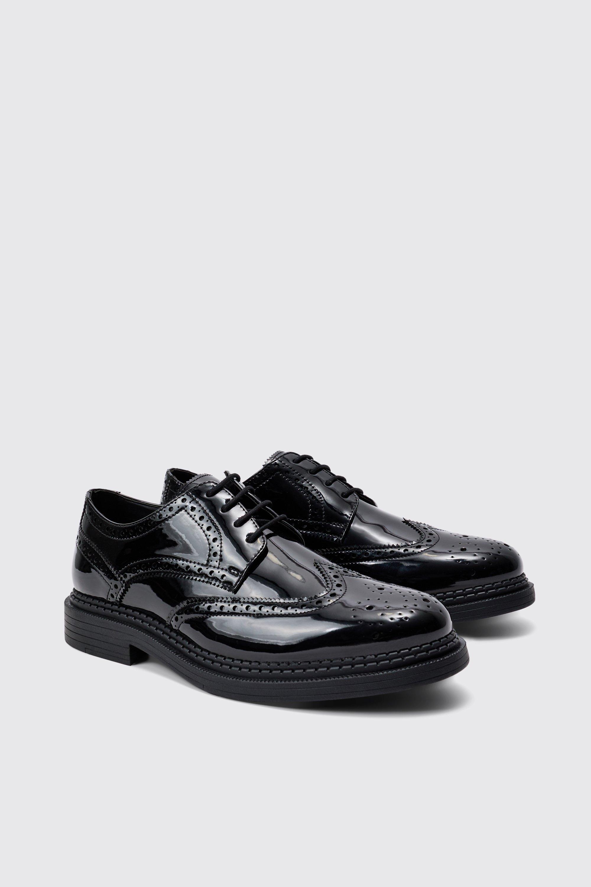 Mens Patent Pu Lace Up Brogues In Black, Black