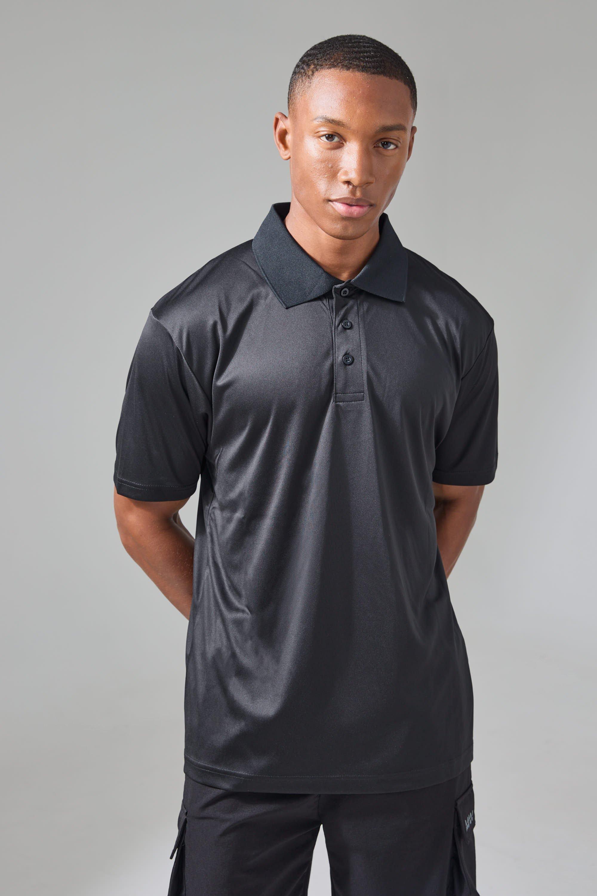 Mens Black Man Active Button Up Golf Performance Regular Fit Polo, Black