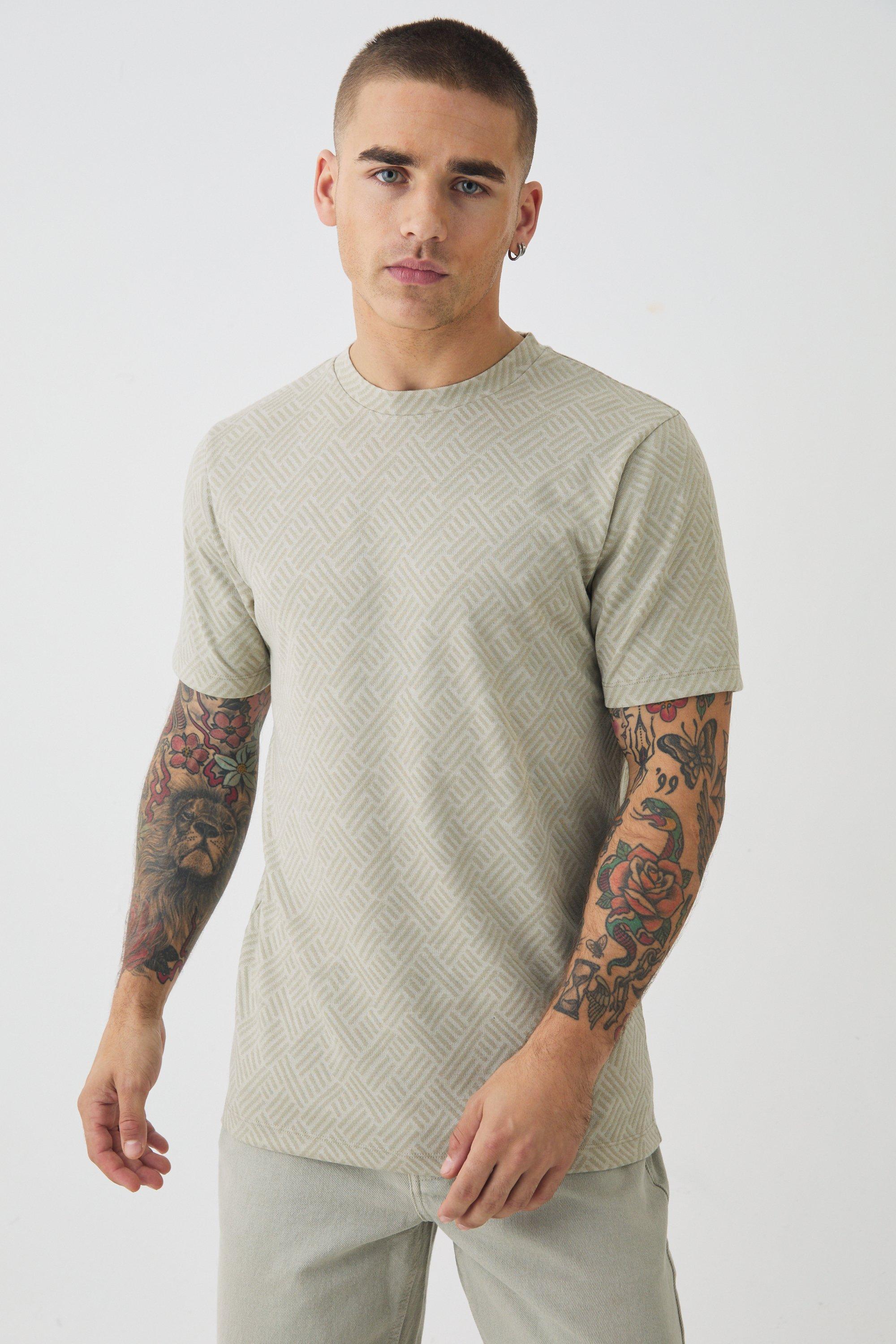 T-shirt Slim Fit in jacquard con motivi geometrici, Beige