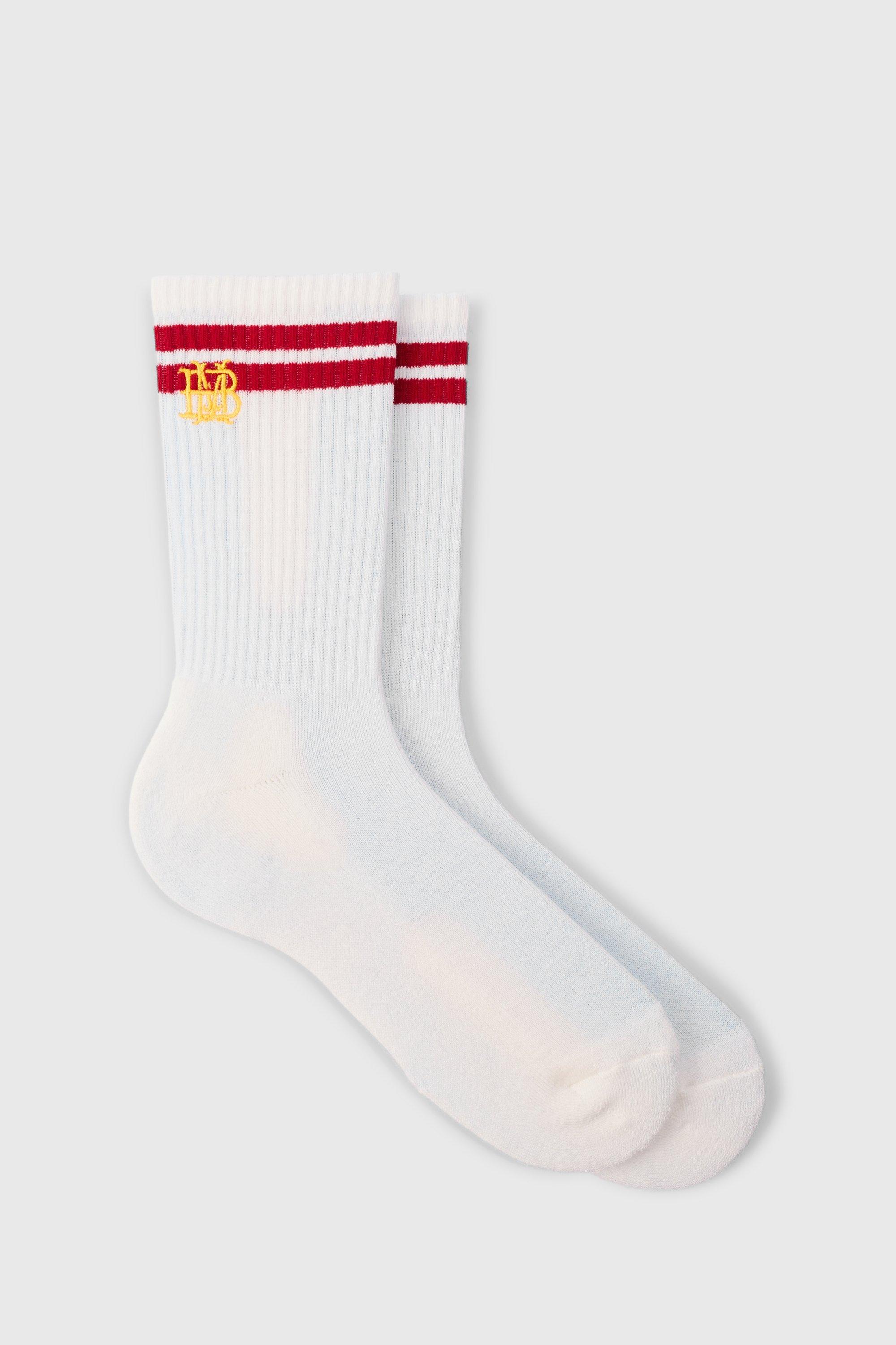 Mens BM Embroidered Half Terry Stripe Socks In White, White