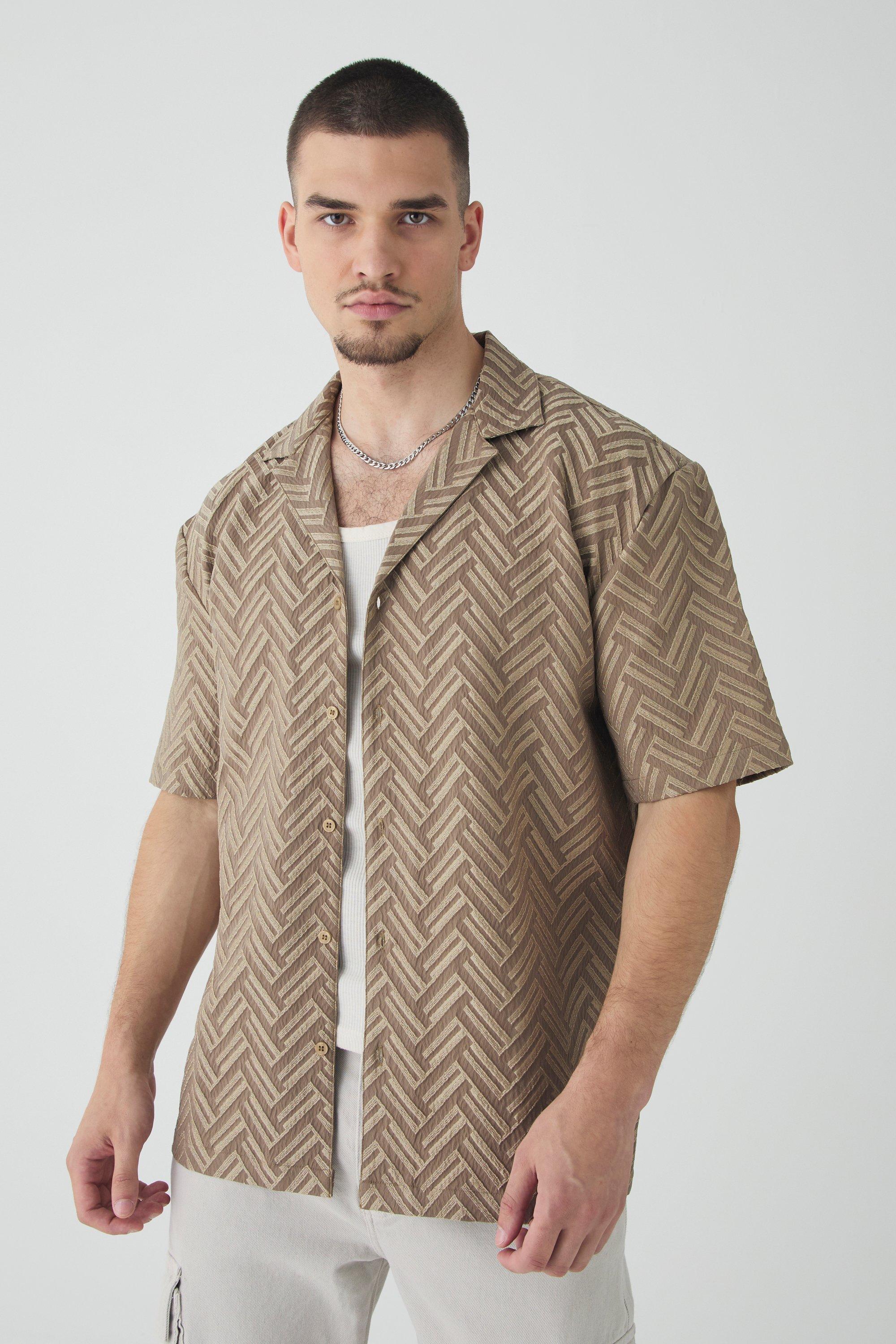 Mens Beige Tall Tonal Geo Revere Shirt, Beige