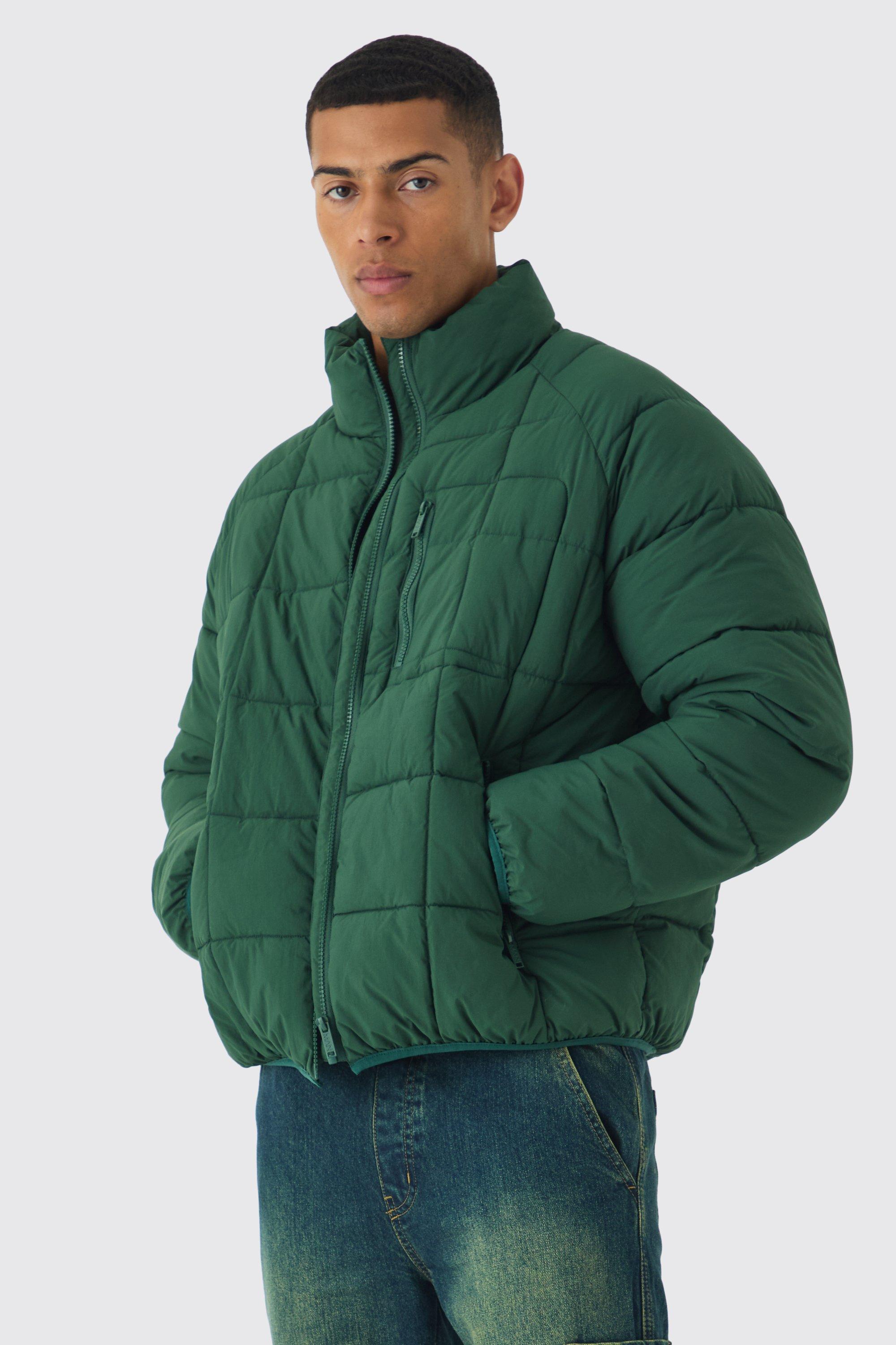 Mens Quilted Funnel Neck Puffer Coat In Green, Green