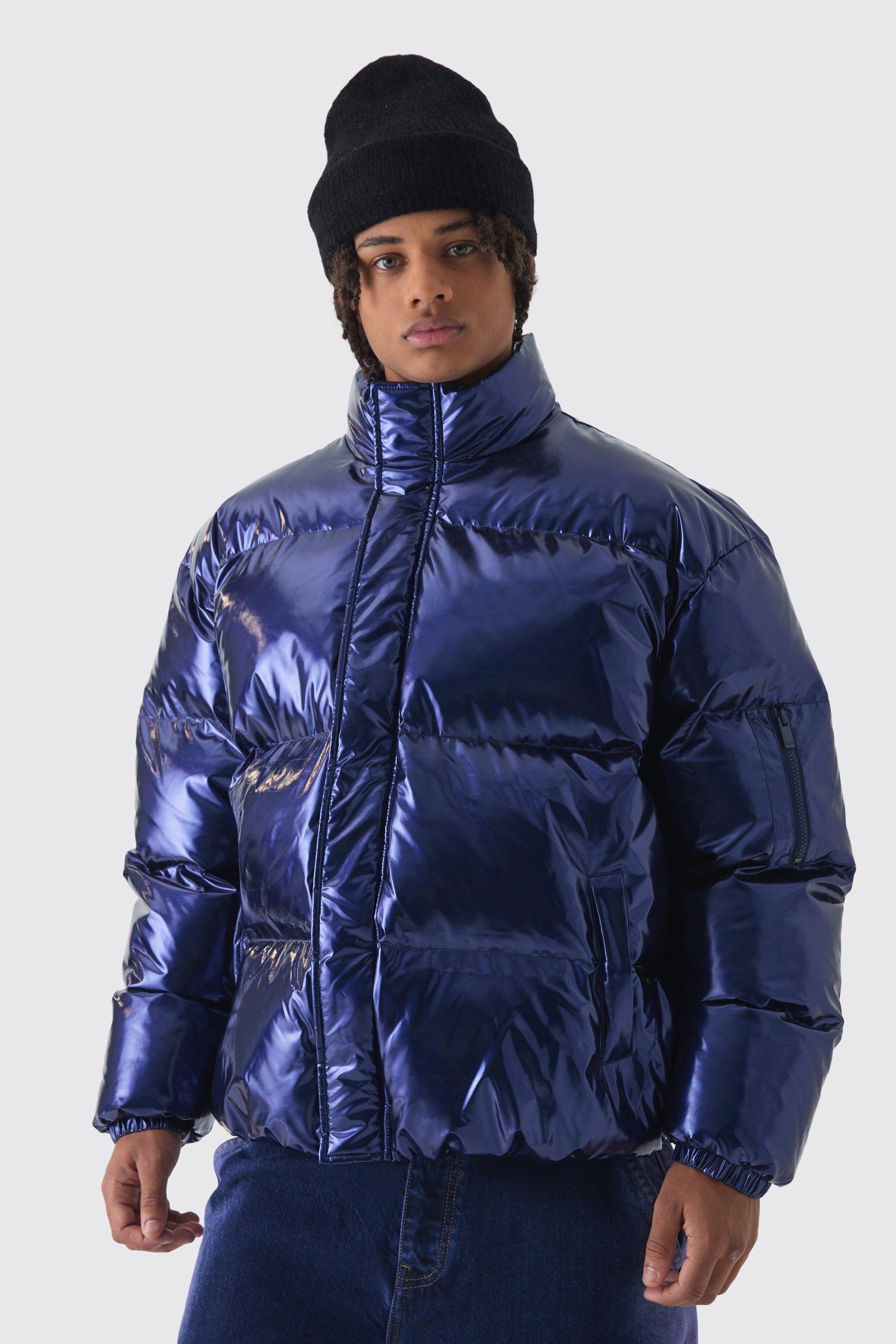 Mens Blue Oversized Boxy Vinyl Boxy Puffer Jacket, Blue