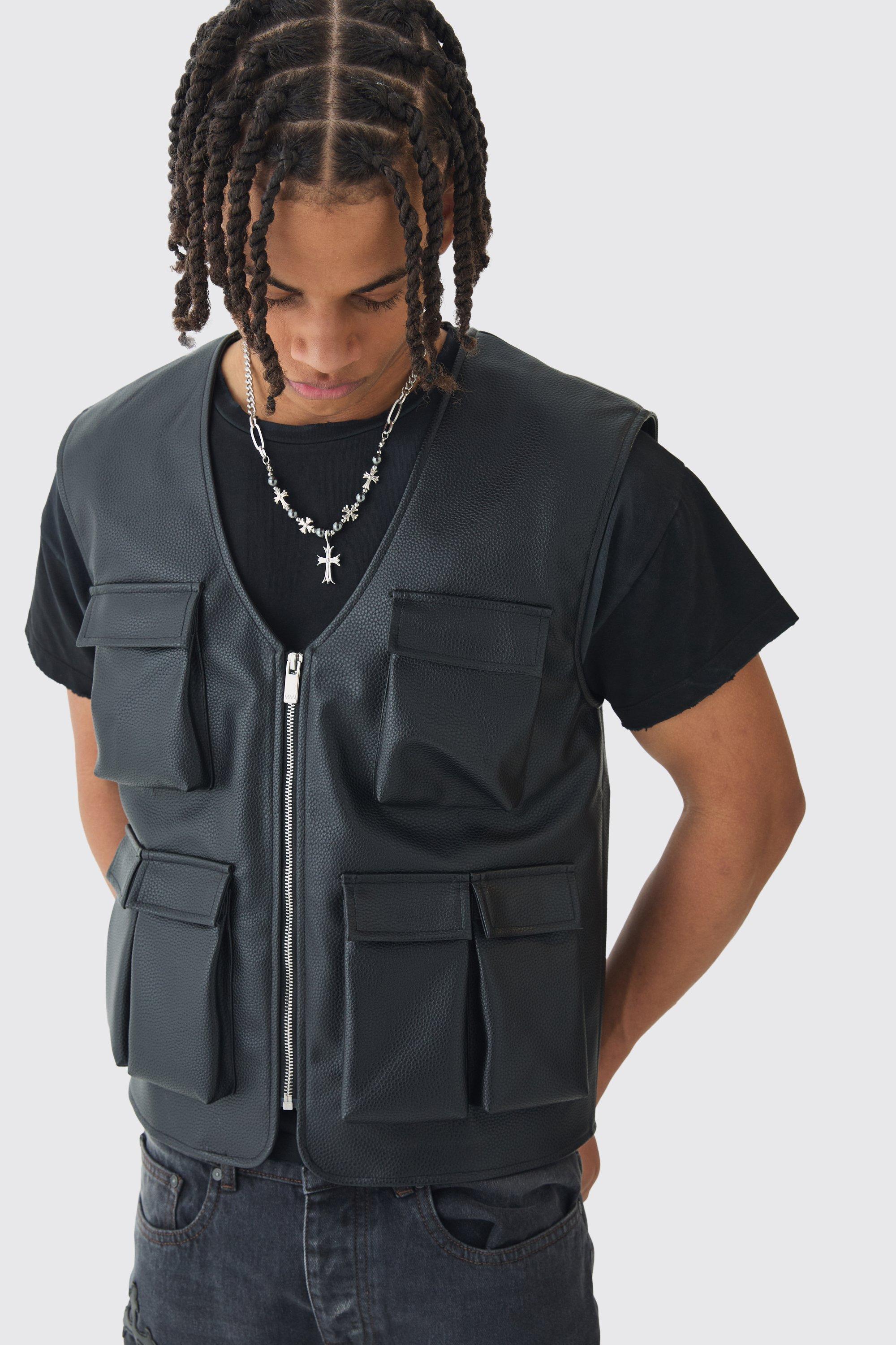 Mens PU Utility Vest Jacket In Black, Black
