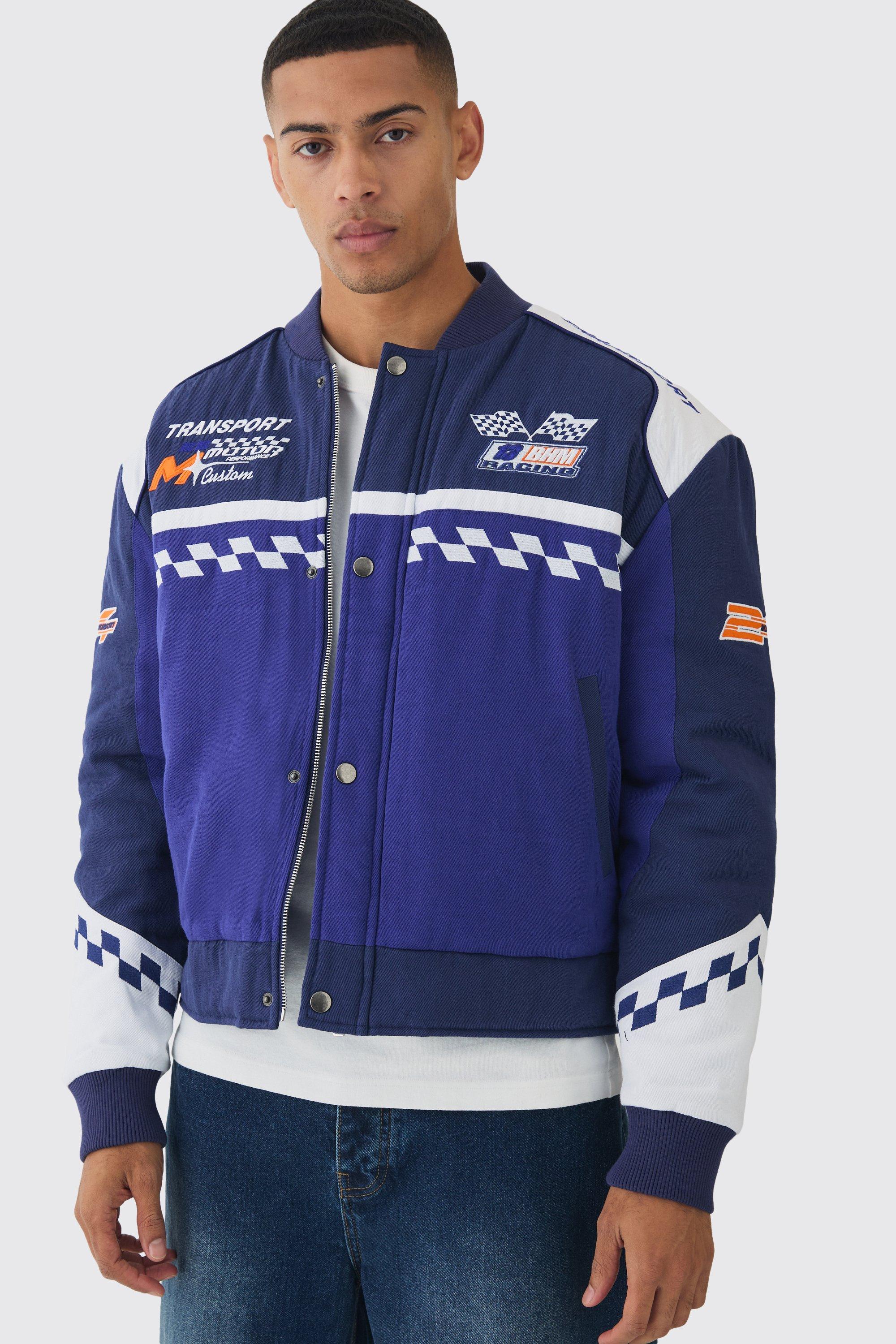 Giacca da moto squadrata oversize Official in twill imbottita blu, Azzurro