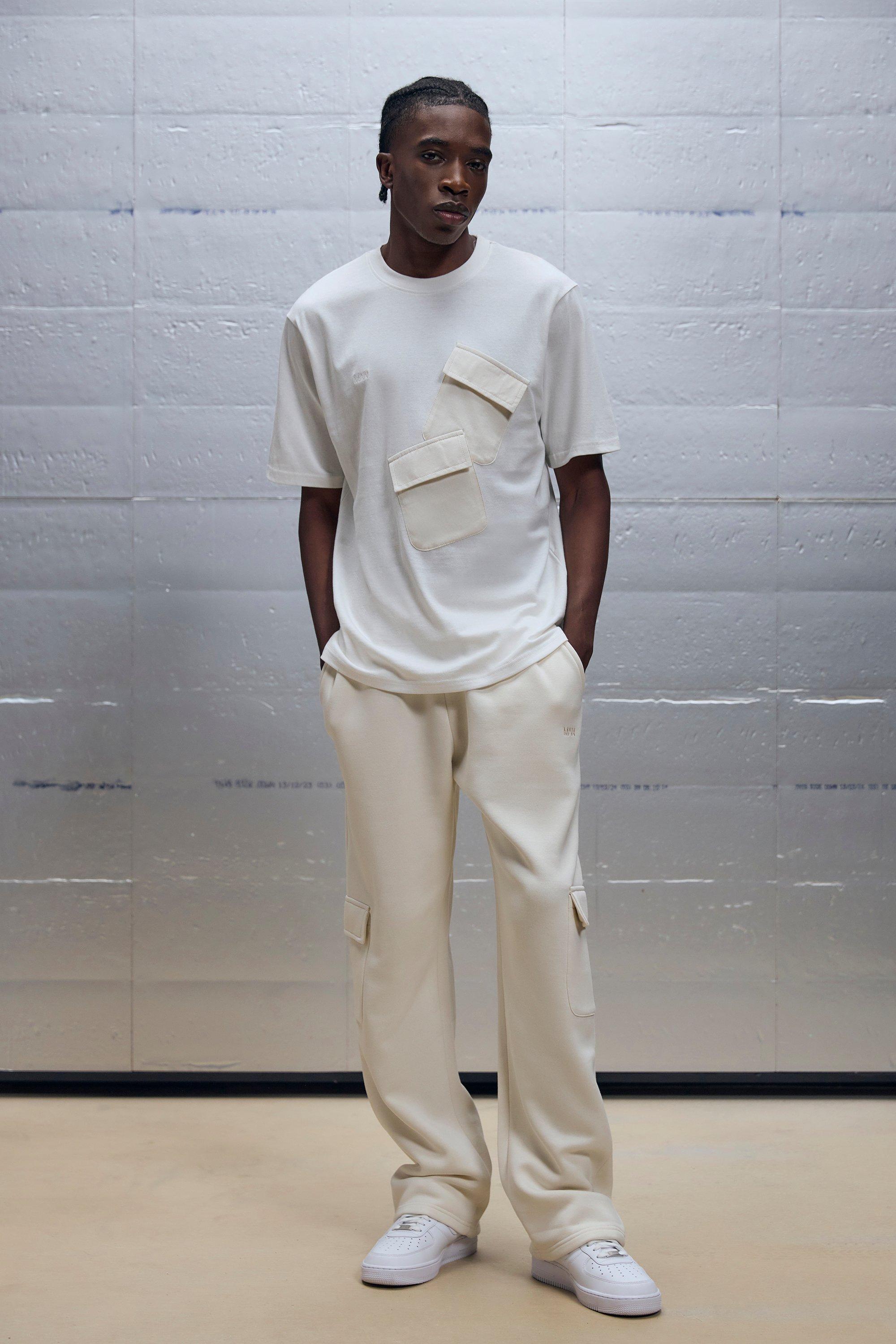 Mens Cream Regular Fit Placement Pocket T-shirt & Jogger Set, Cream
