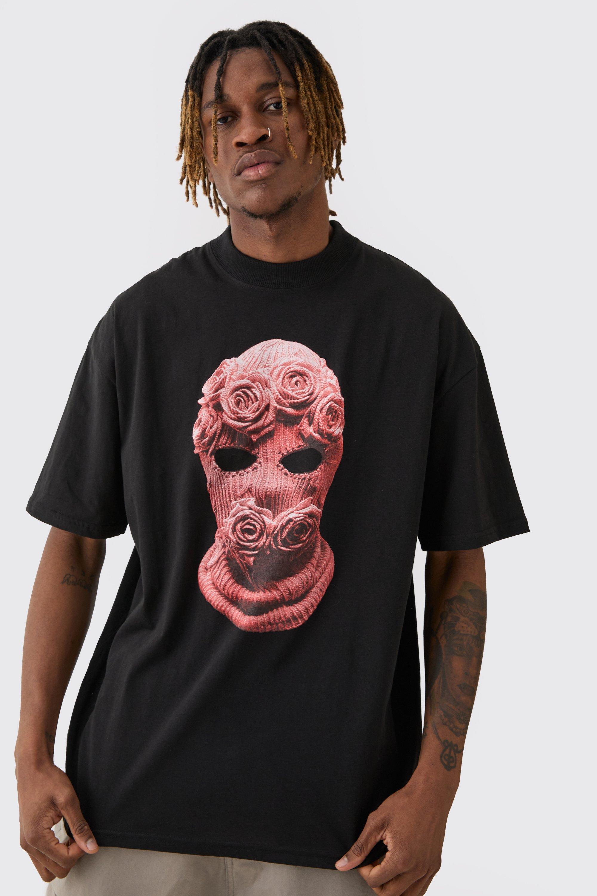 Mens Black Tall Oversized Balaclava Floral Print T-shirt, Black