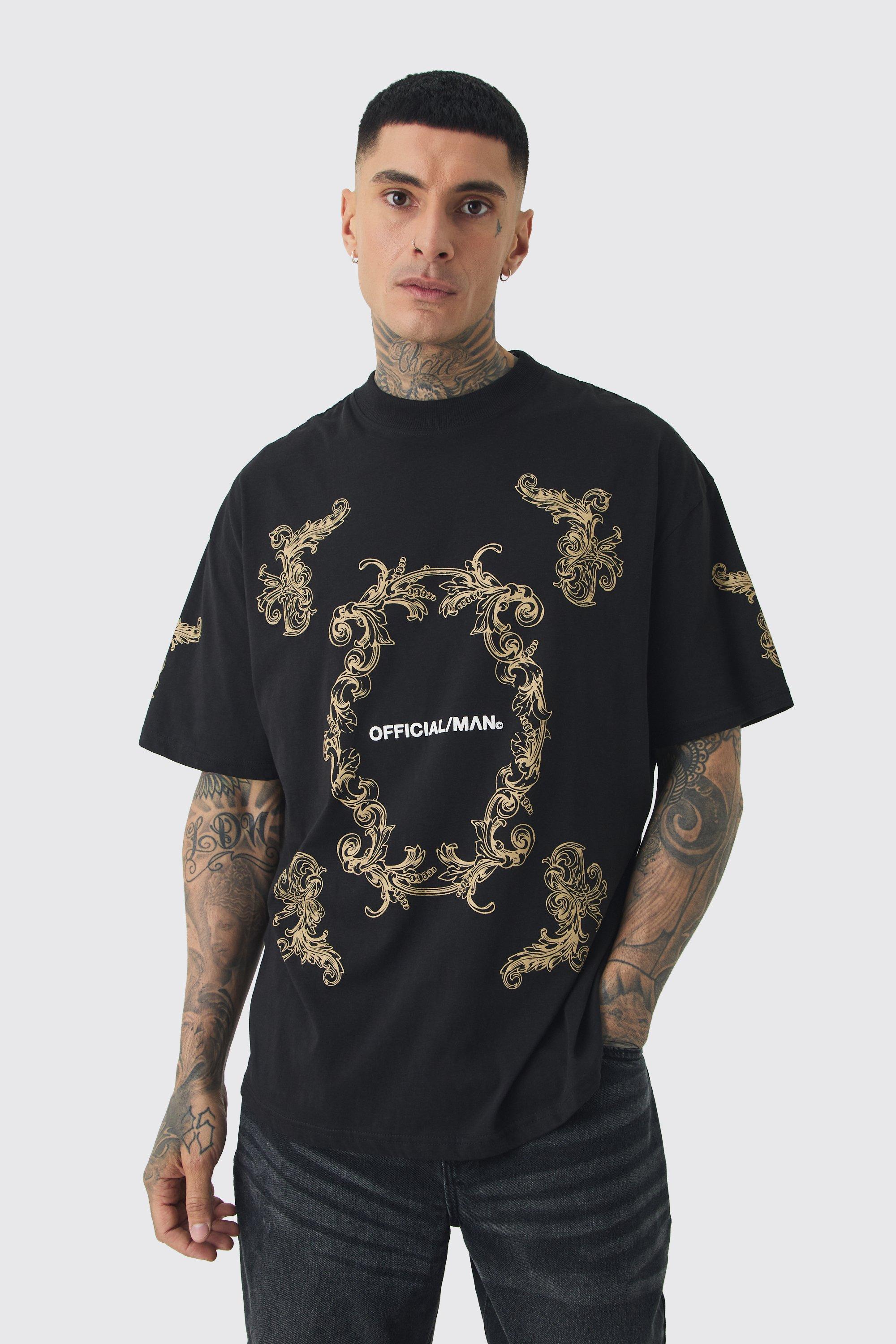 Mens Black Tall Oversized Extended Neck Official Man Baroque Print T-shirt, Black