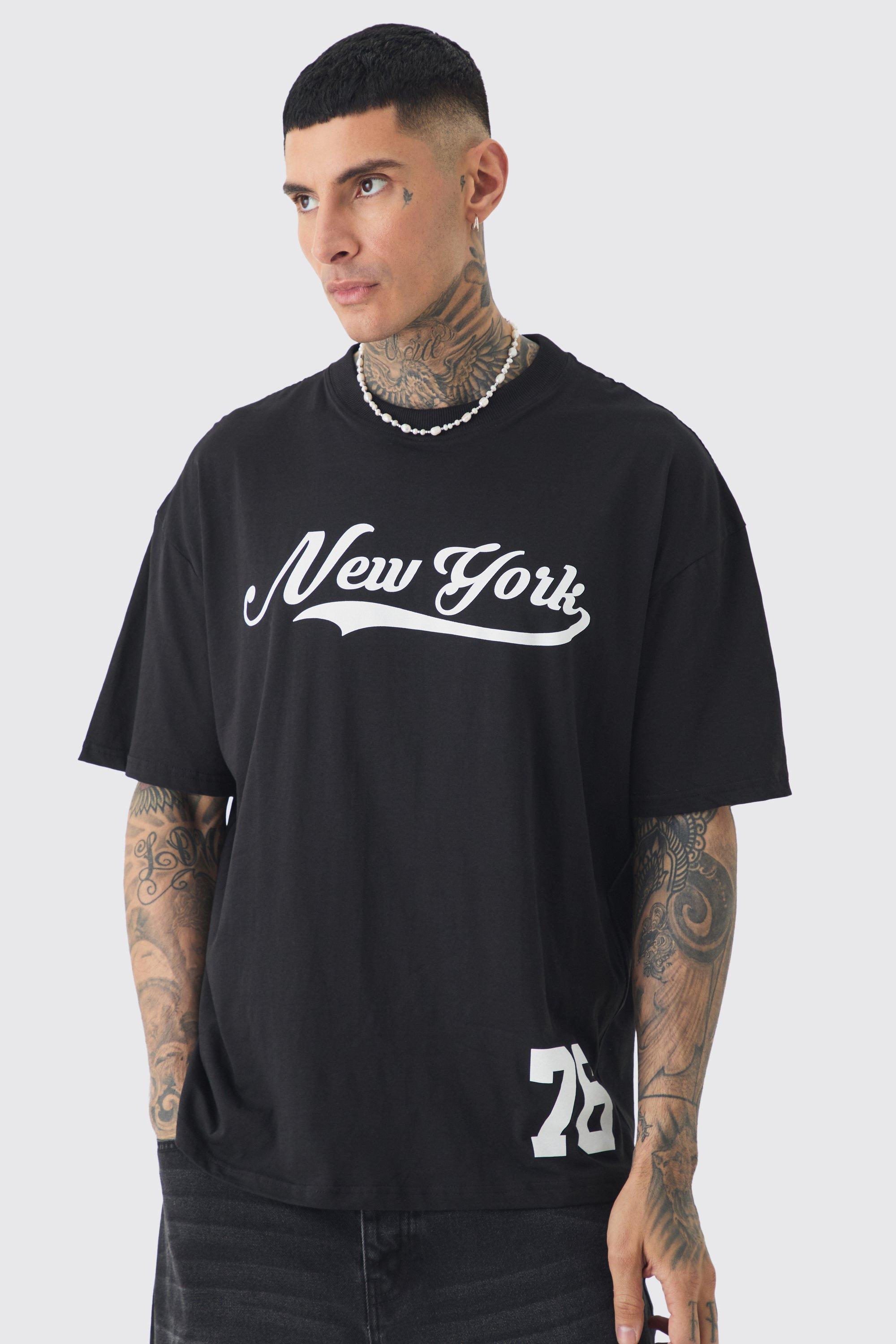 Mens Black Tall Oversized New York Varsity Print T-shirt, Black