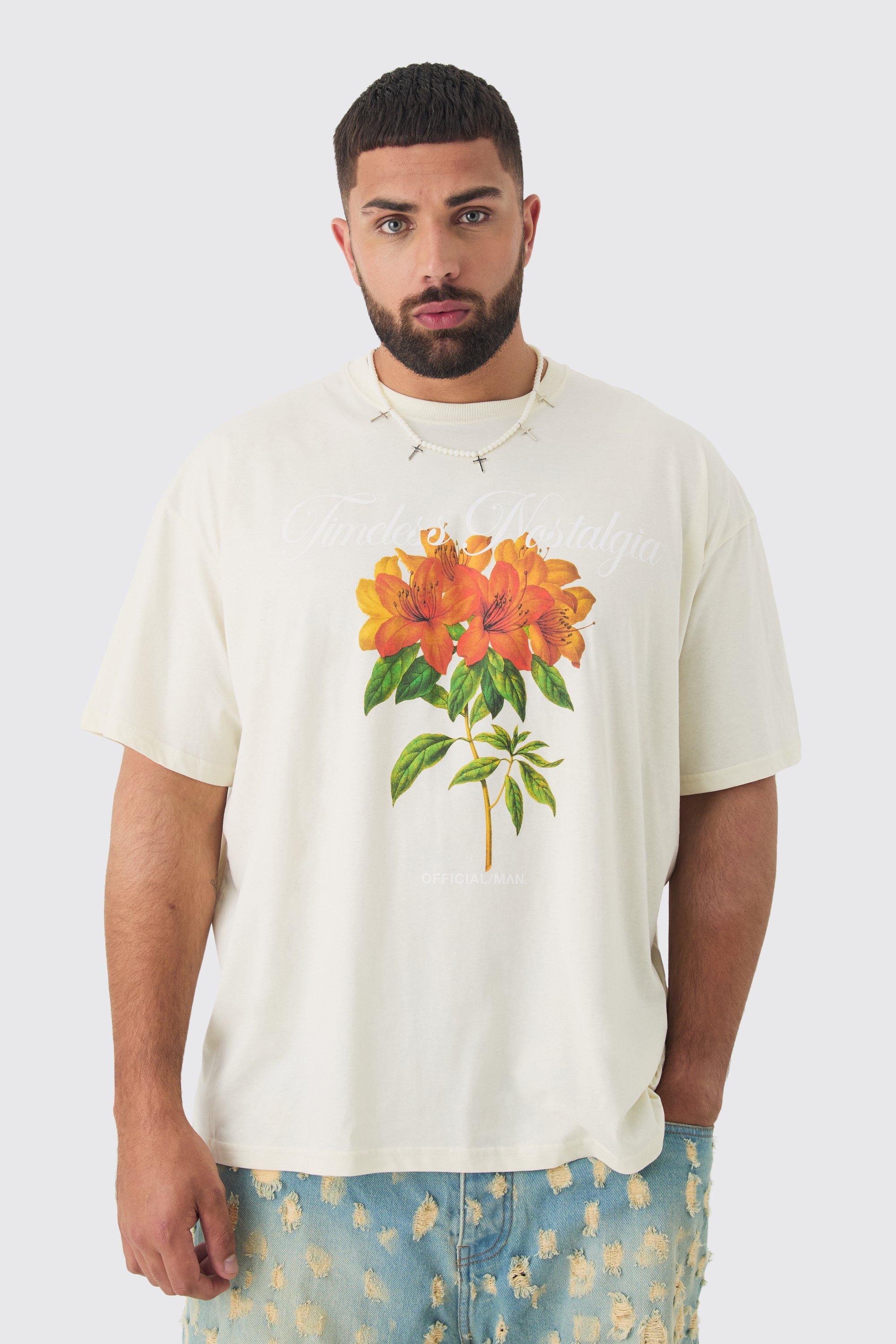 Mens Cream Plus Oversized Official Man Floral Print T-shirt, Cream