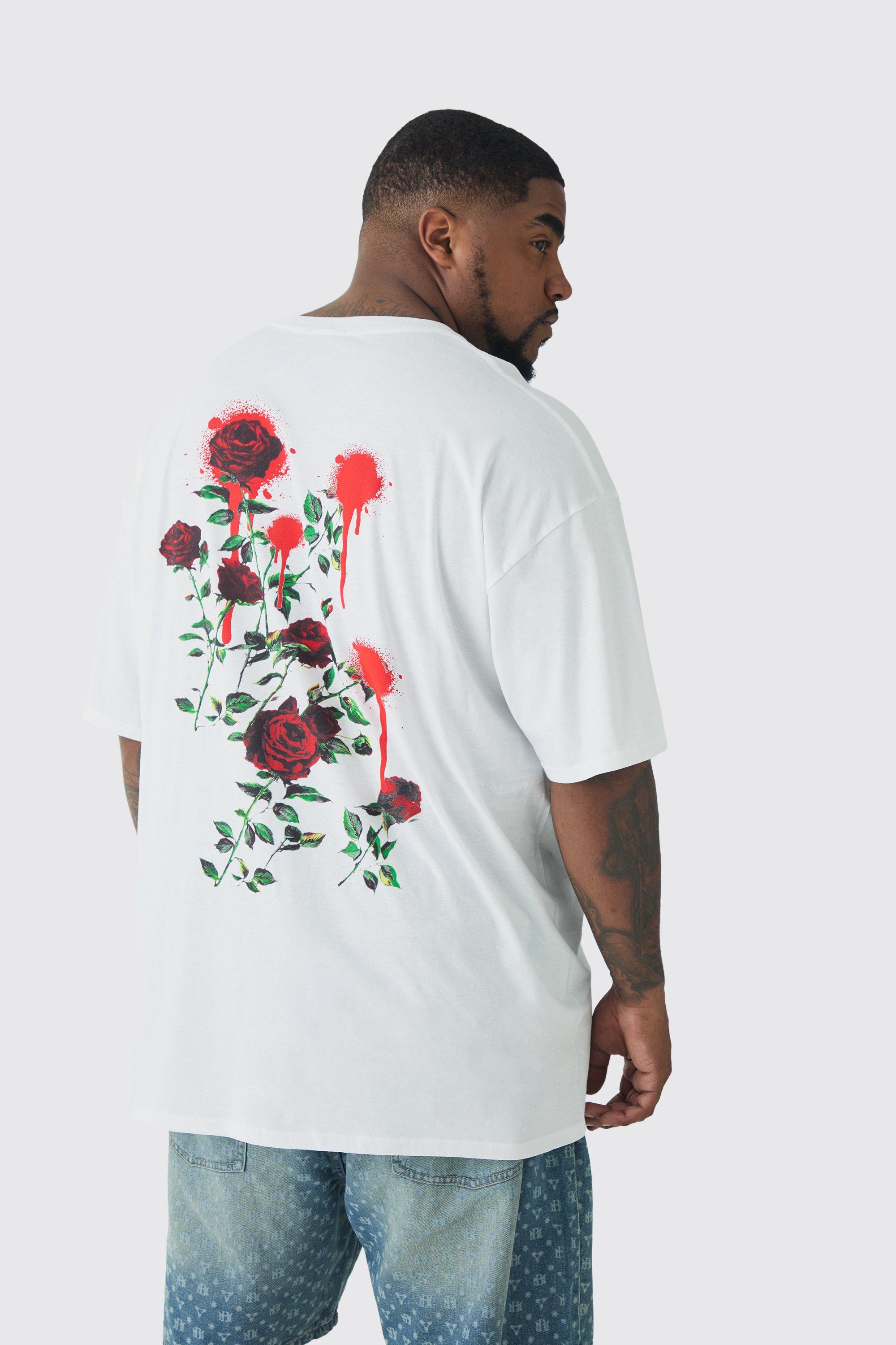 T-shirt Plus Size con stampa di rose e fiori sul retro, Bianco