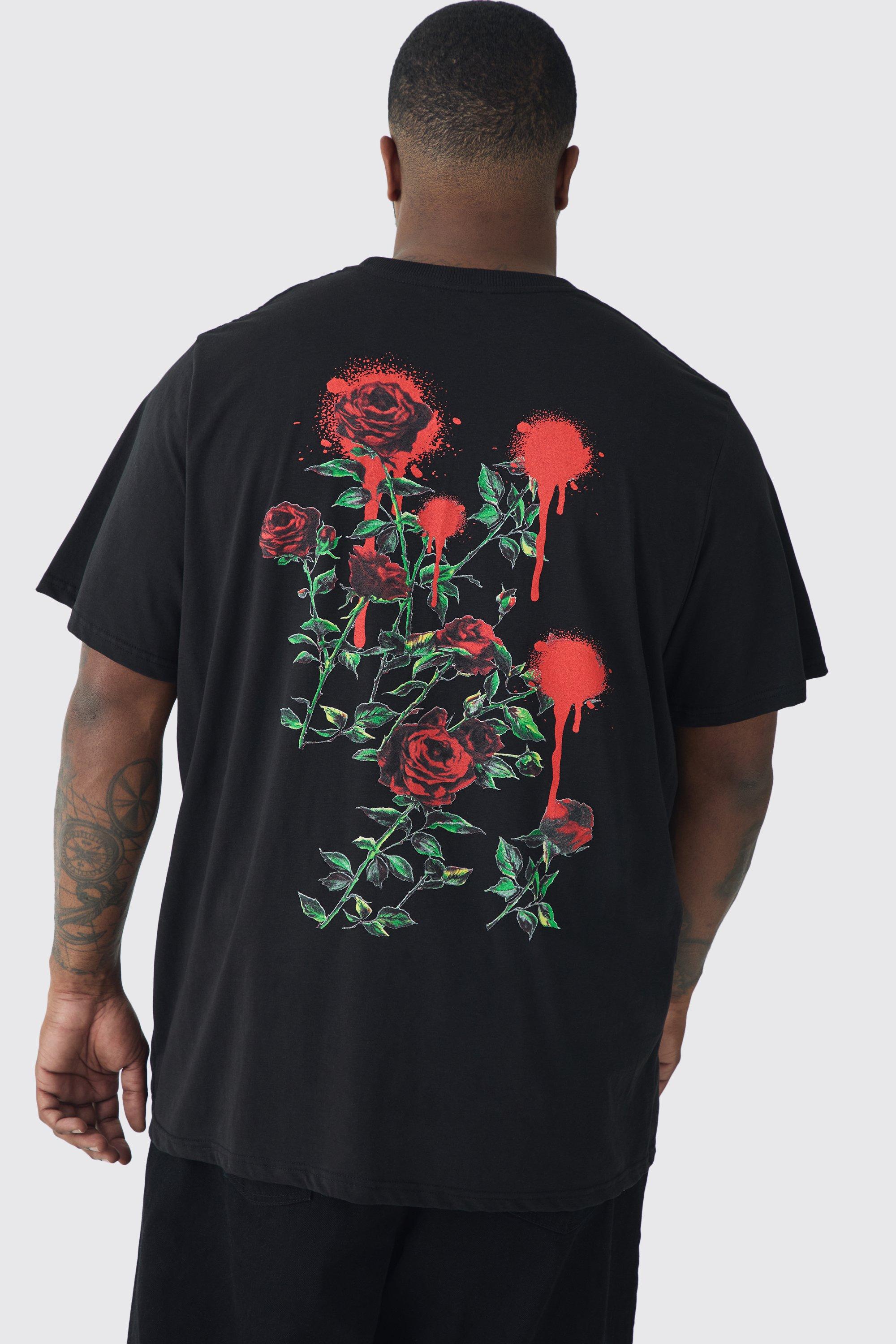 T-shirt Plus Size con stampa di rose e fiori sul retro, Nero