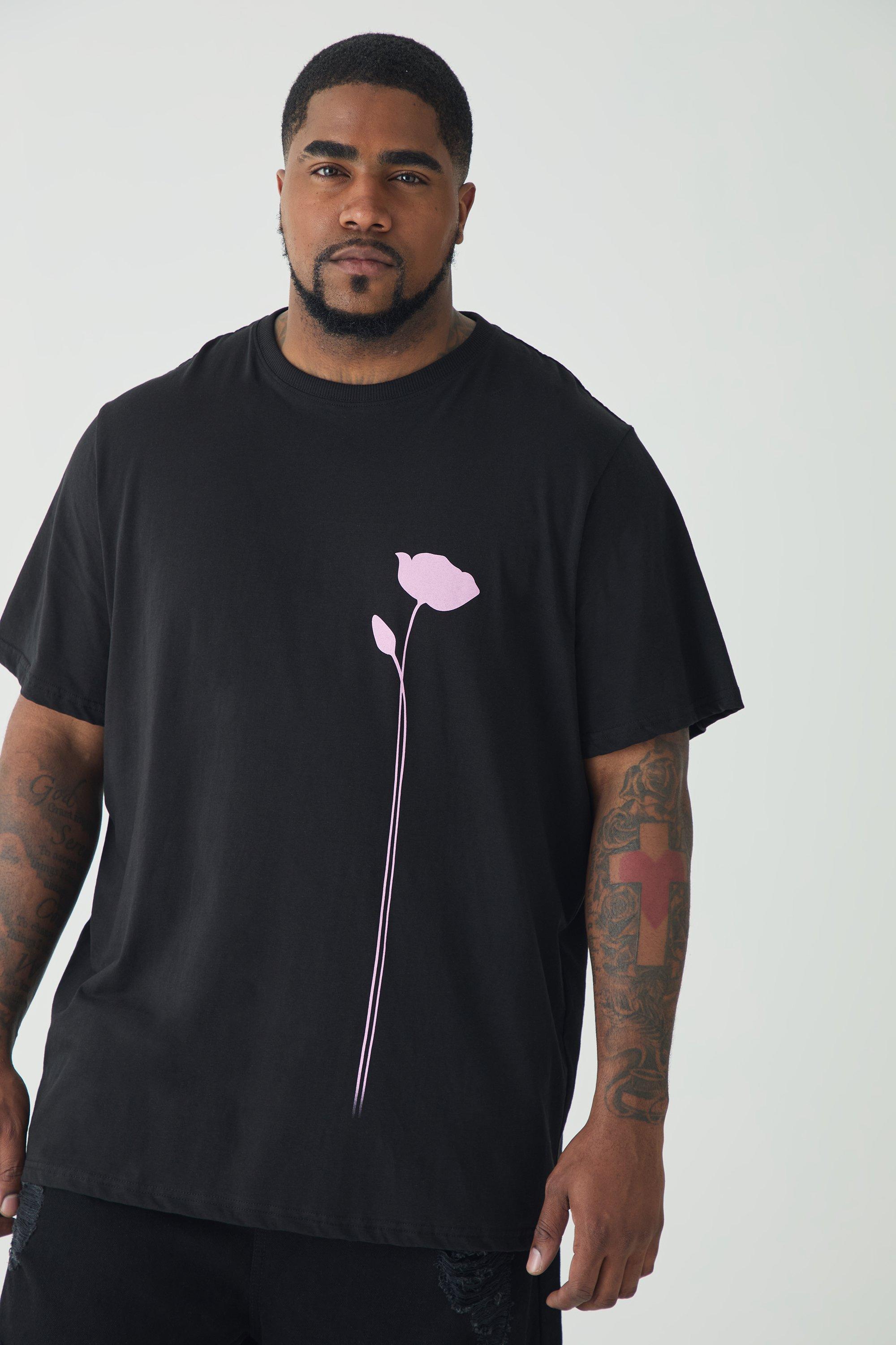 T-shirt Plus Size a fiori con disegni a linee, Nero