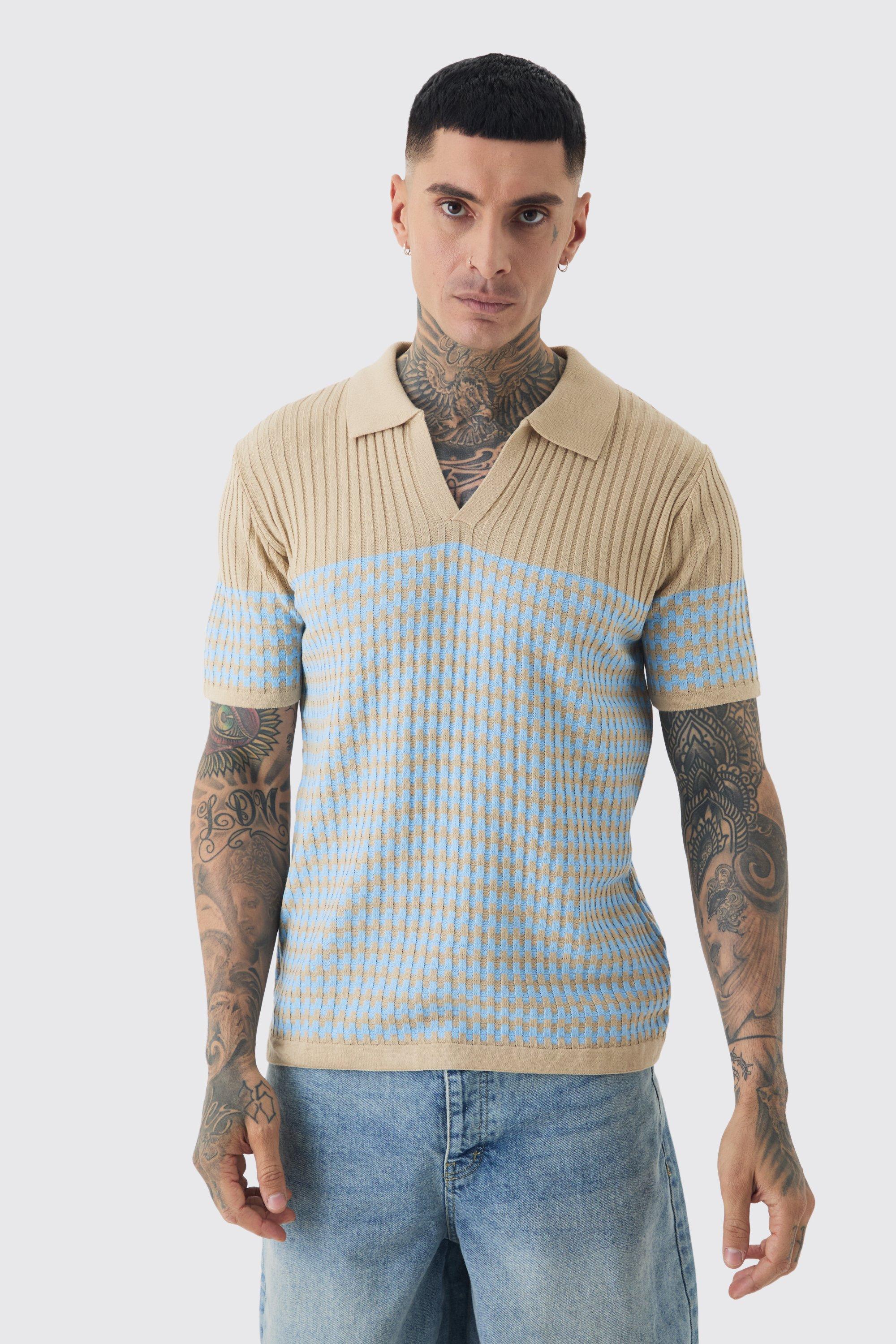 Mens Beige Tall V Neck Striped Knitted Polo, Beige