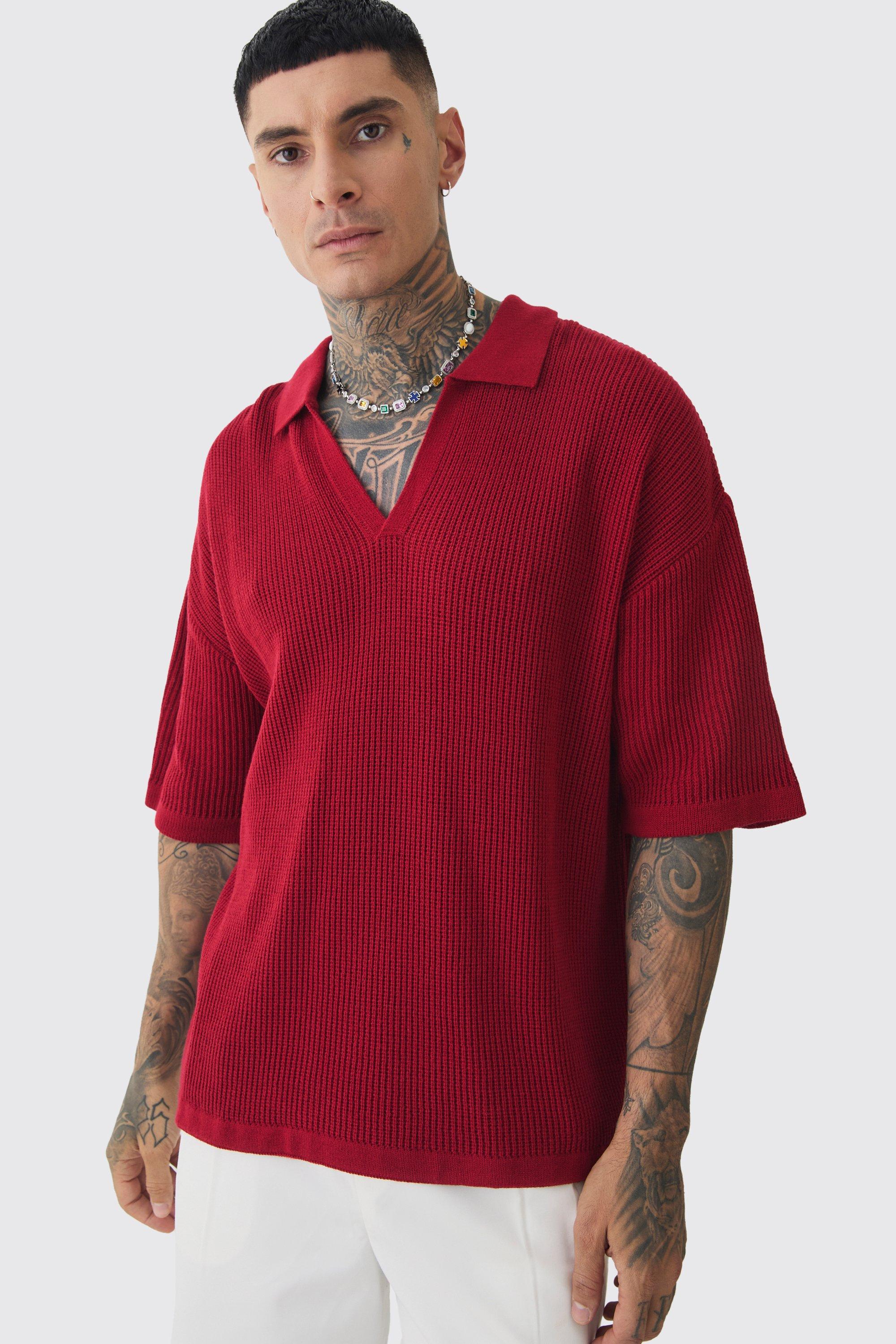 Mens Red Tall Boxy Short Sleeve Ribbed Knit Polo, Red