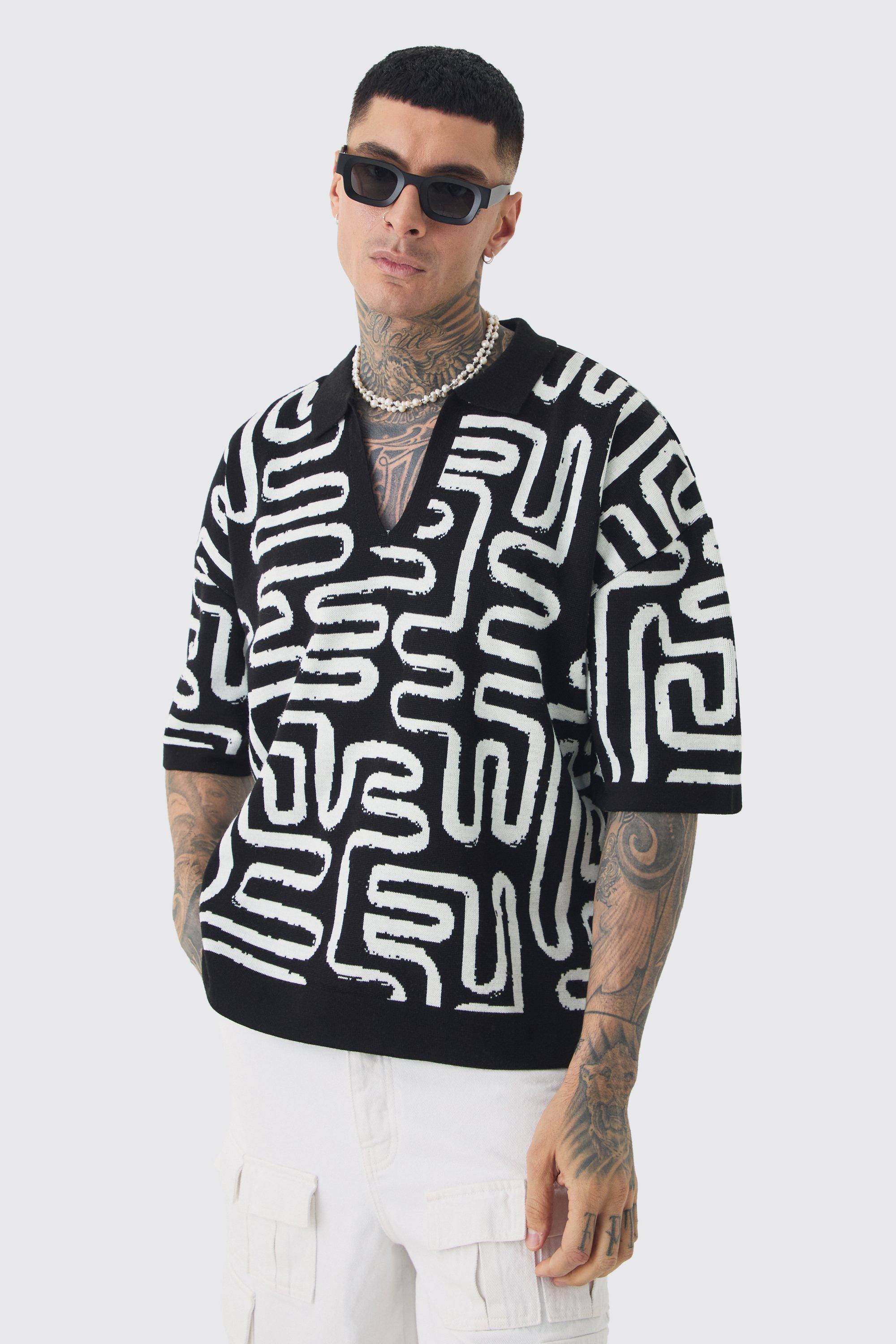 Mens Black Tall Boxy Oversized Abstract Knit Polo, Black