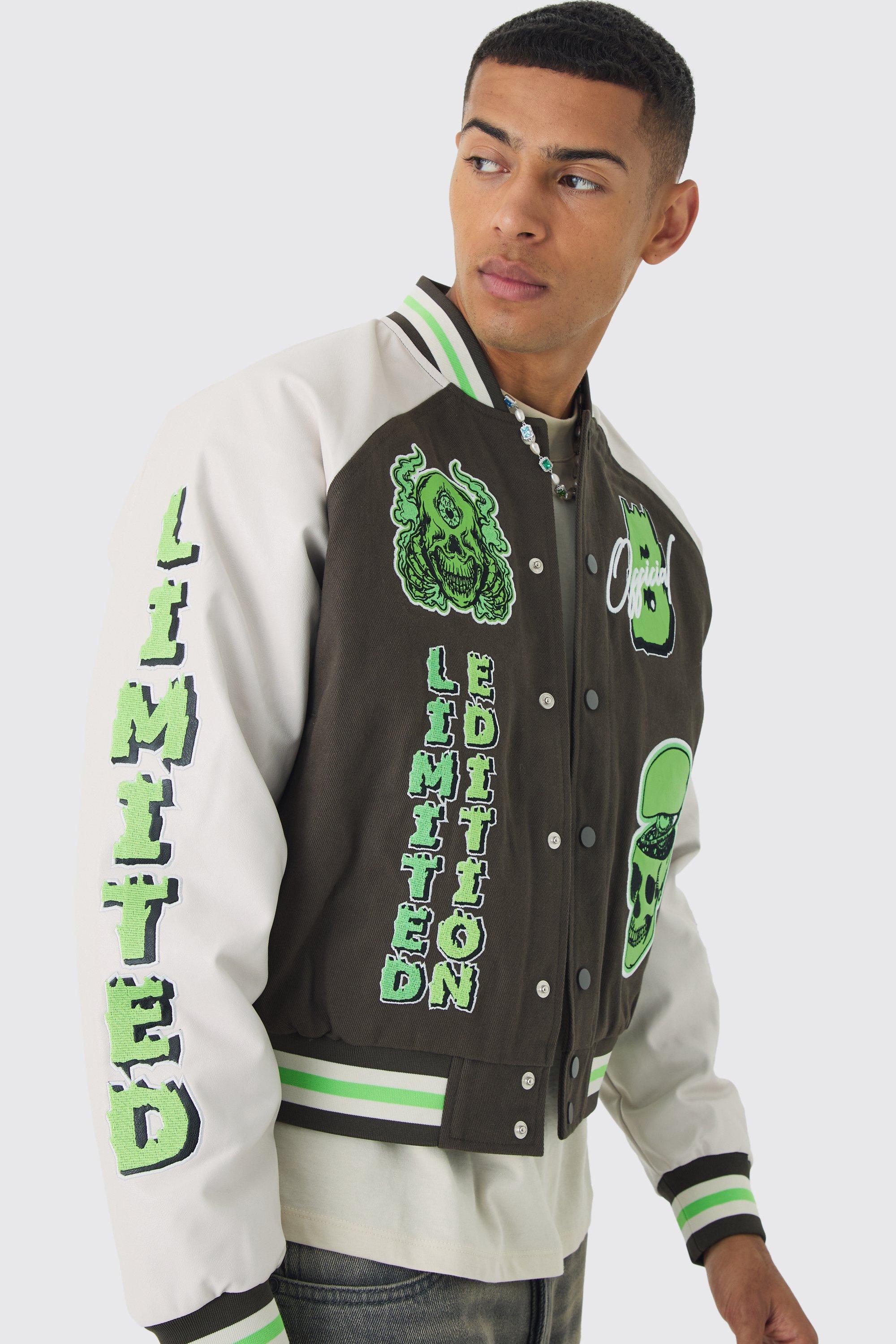 Giacca squadrata verde stile Varsity in twill con stemmi e maniche in PU, Verde