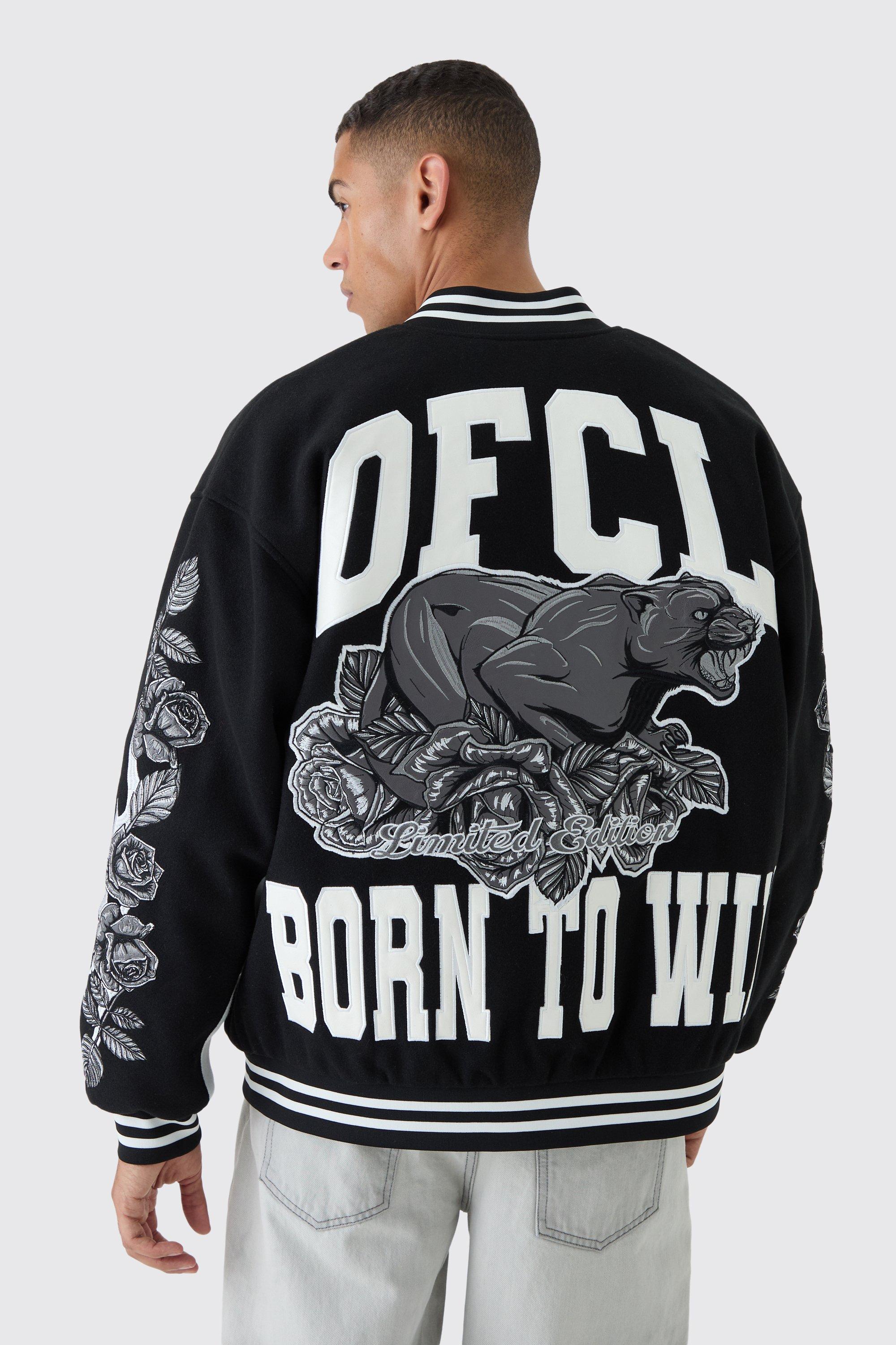 Mens Oversized OFCL Rose Varsity Jacket In Black, Black