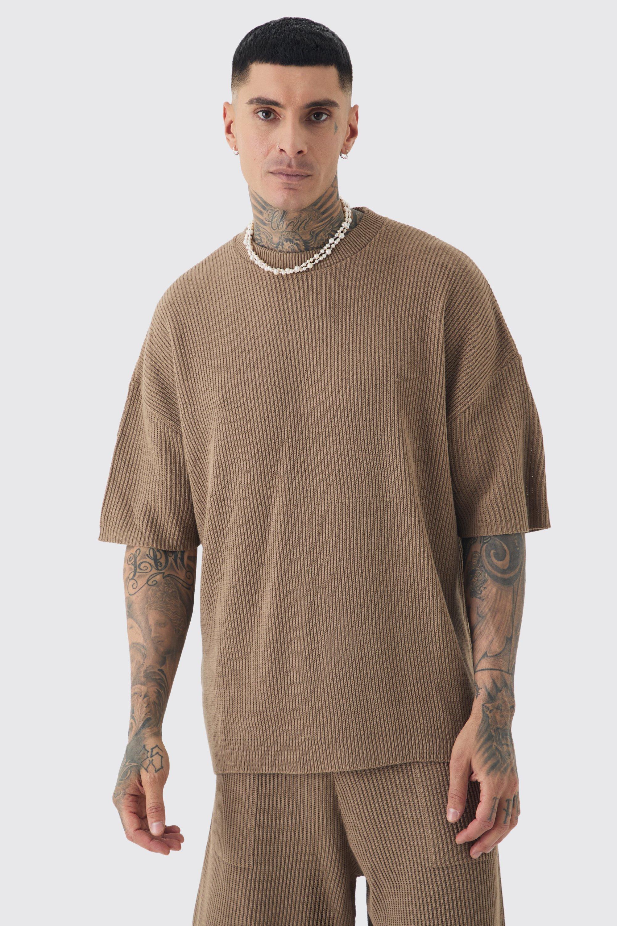 Mens Beige Tall Oversized Ribbed Knit T-shirt, Beige