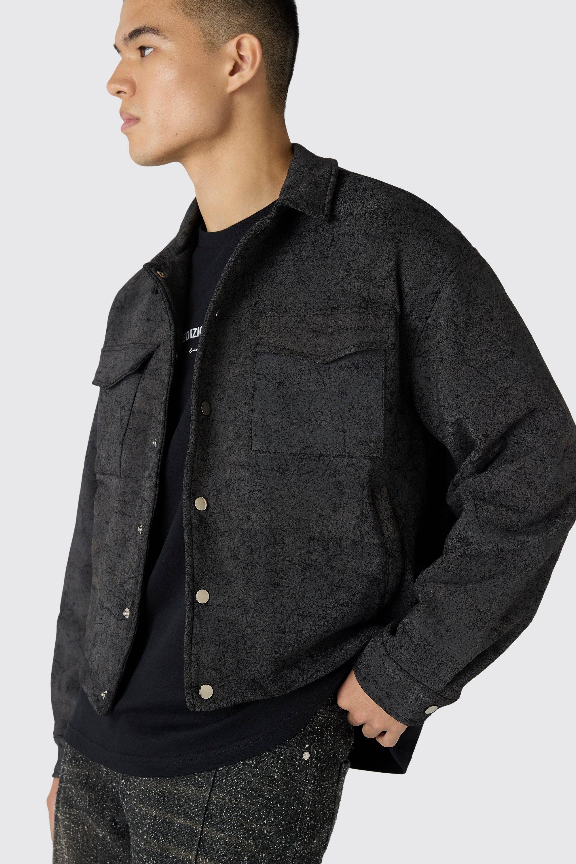 Mens Boxy Cracked Effect Faux Suede Harrington In Black, Black