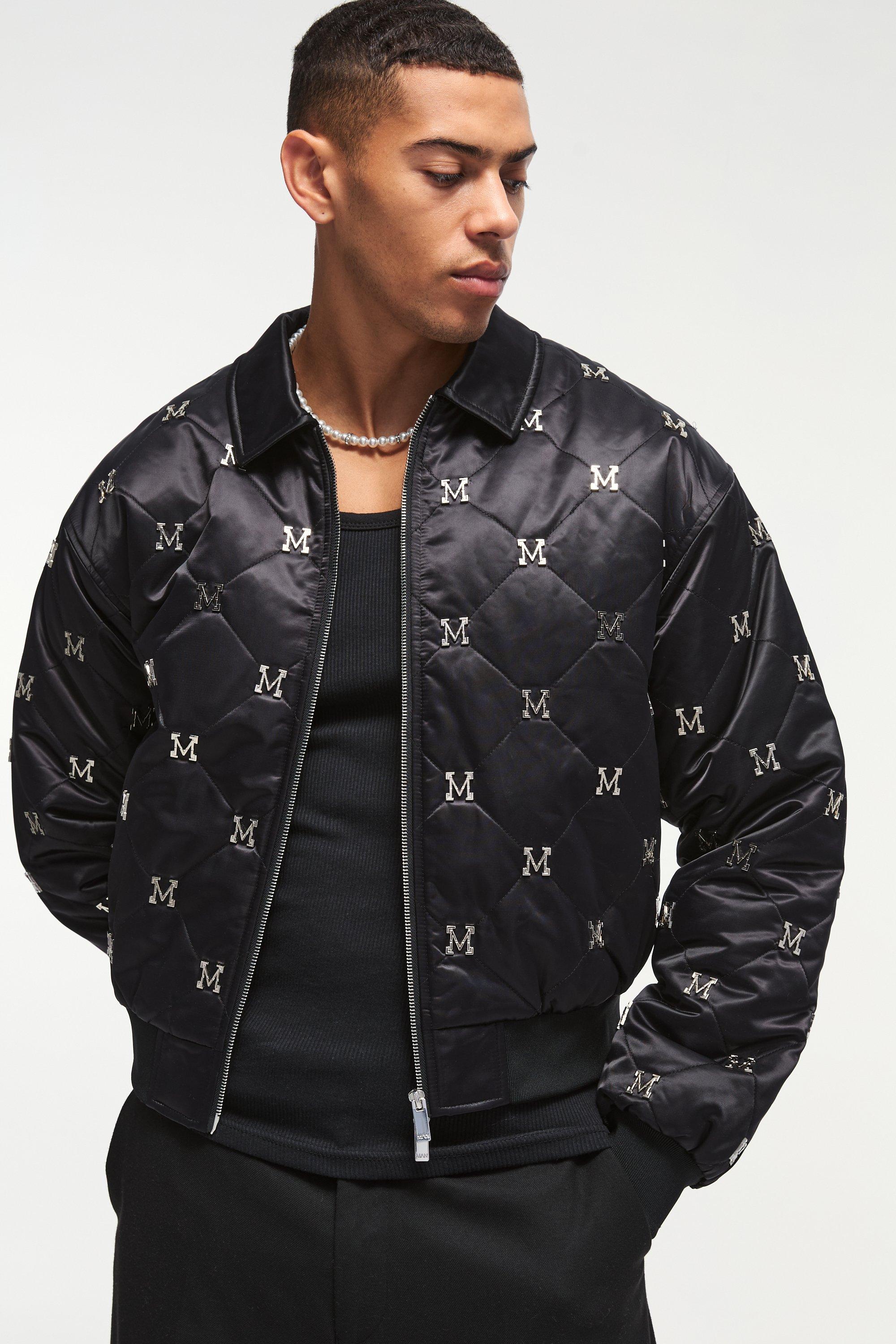 Mens Boxy M Embellished Satin Bomber Jacket In Black, Black