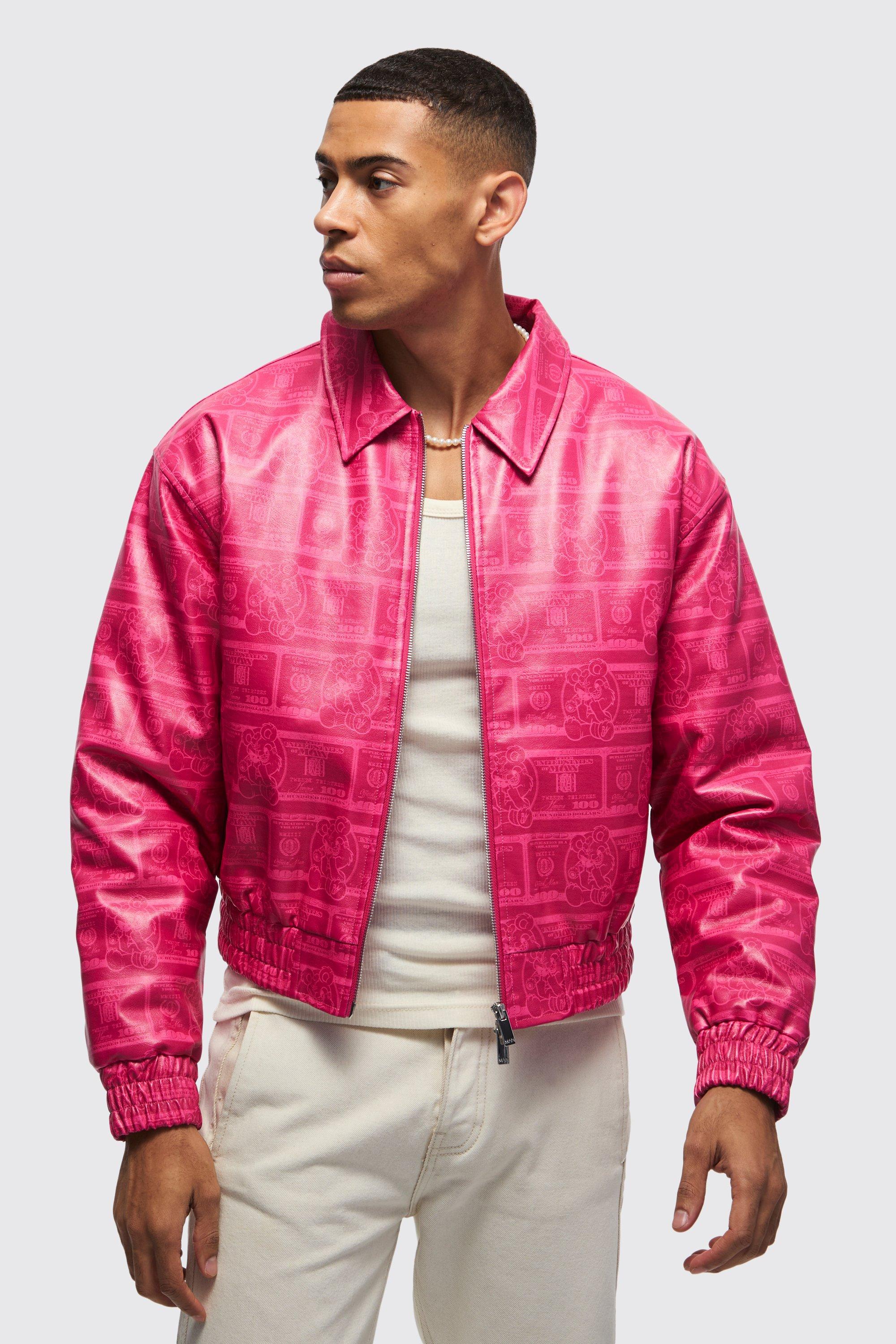 Giacca Bomber squadrata in PU rosa con stampa di dollari, Pink