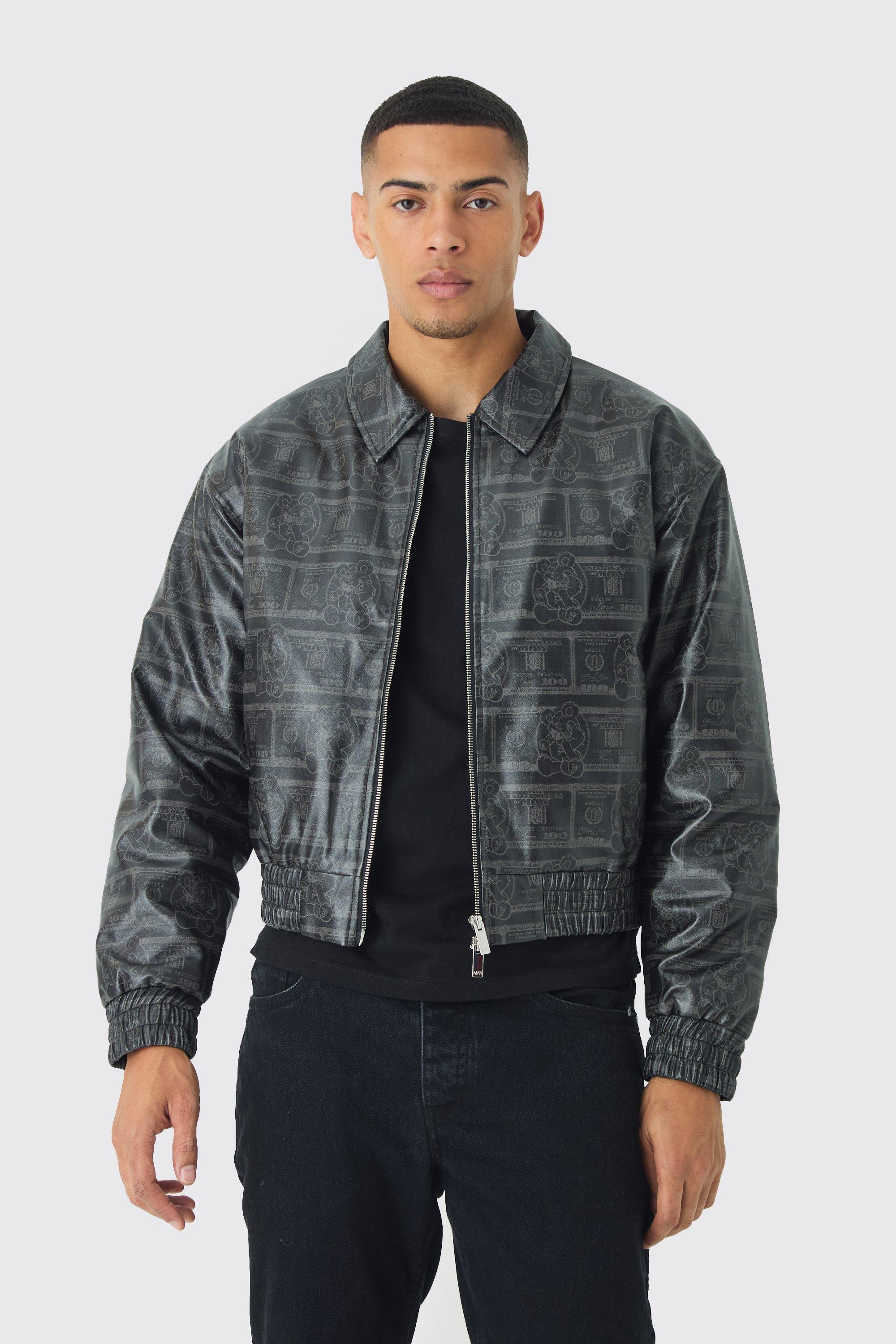 Mens Boxy Dollar Print PU Bomber Jacket In Black, Black