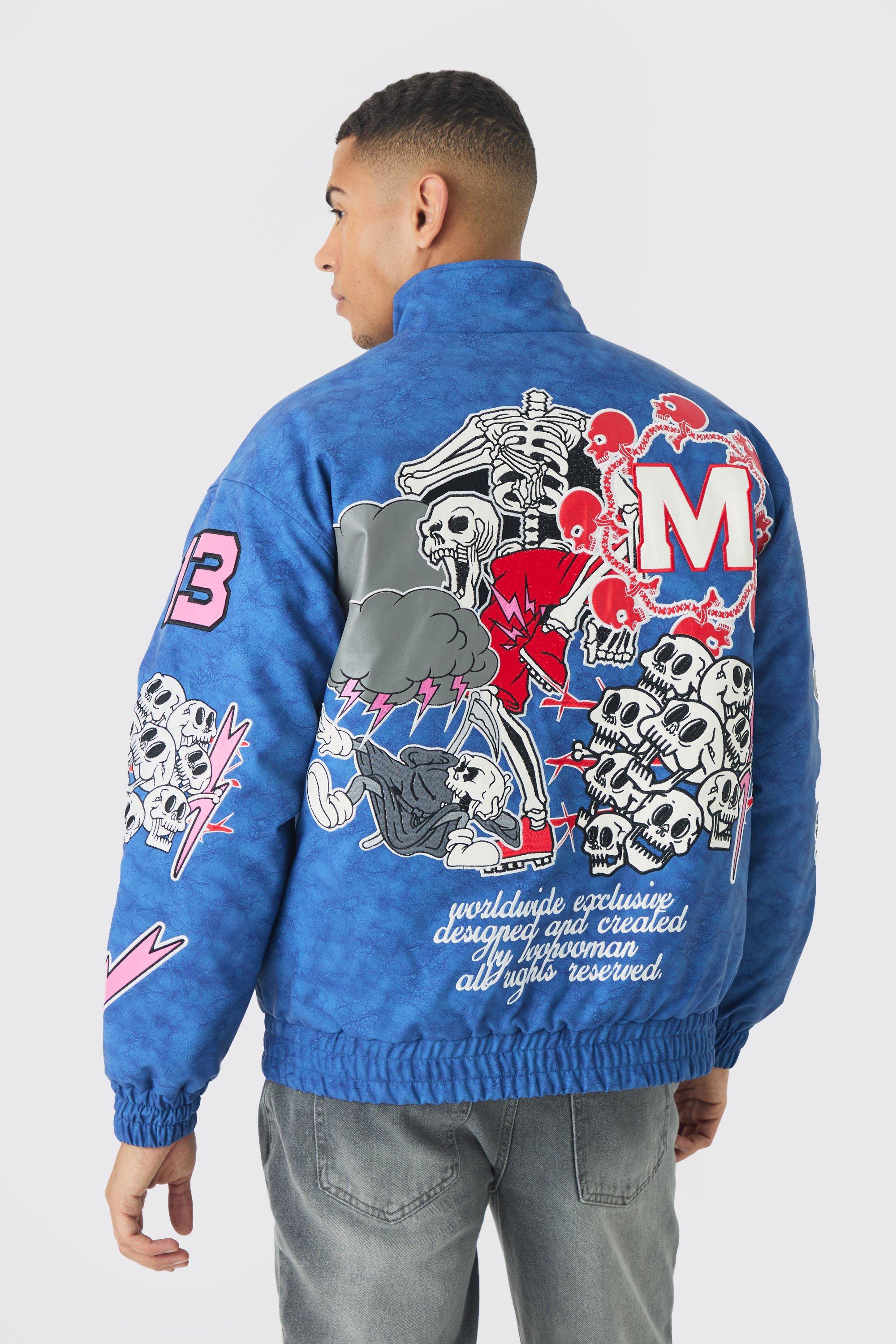 Mens Oversized Graphic Badge Washed PU Bomber Jacket In Blue, Blue