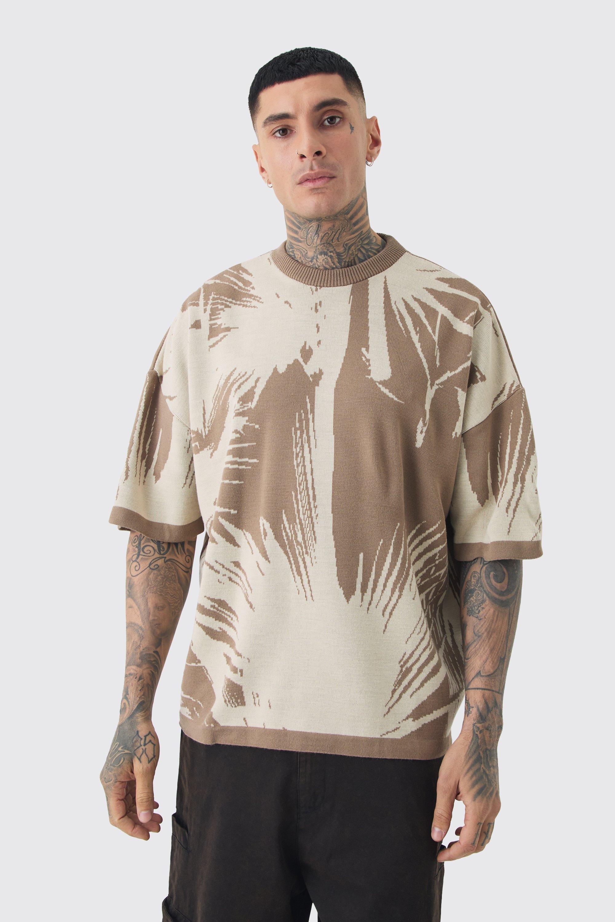 Mens Beige Tall Oversized Tonal Abstract Drawing Knitted T-shirt, Beige