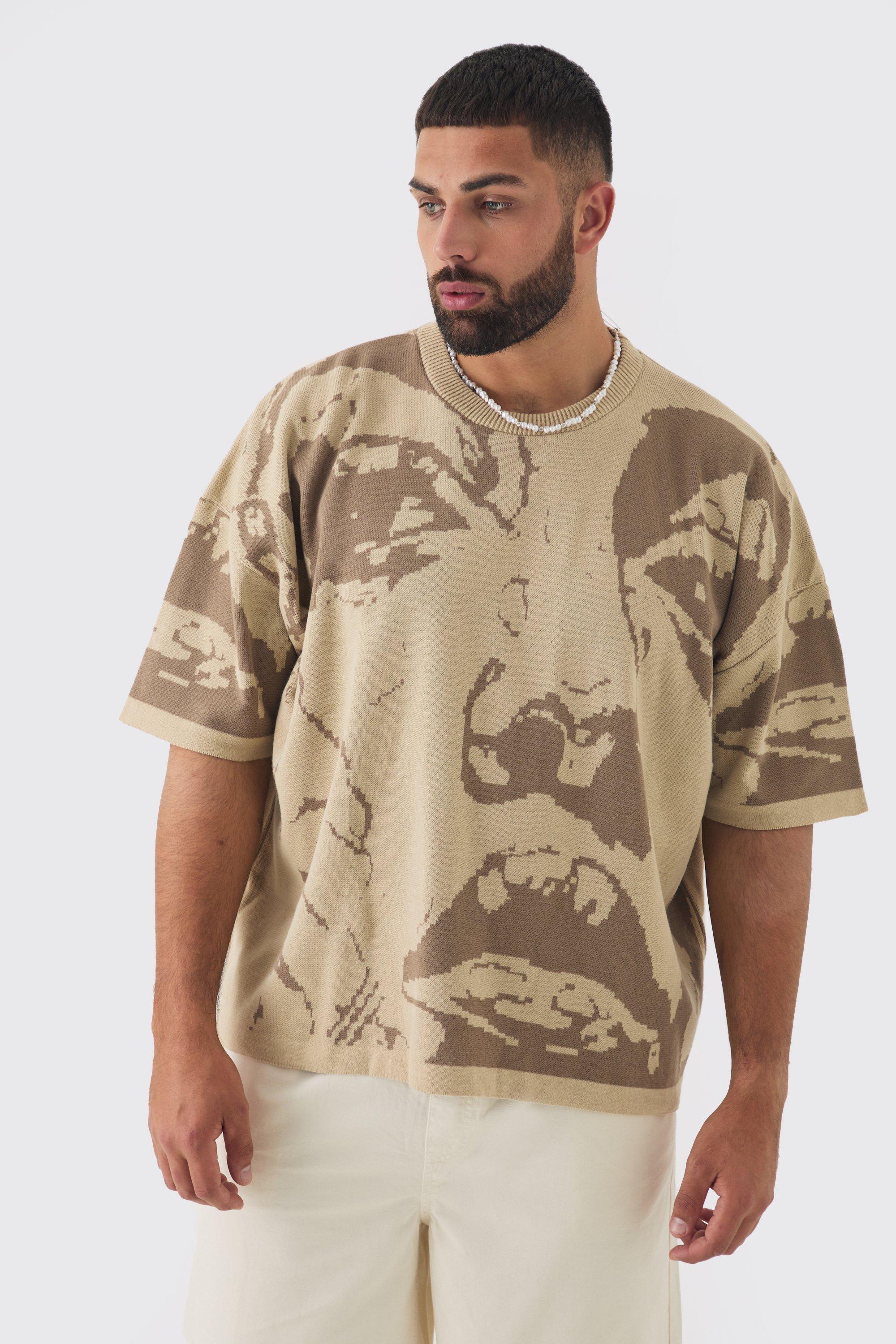 Mens Beige Plus Oversized Line Drawing Knitted T-shirt, Beige